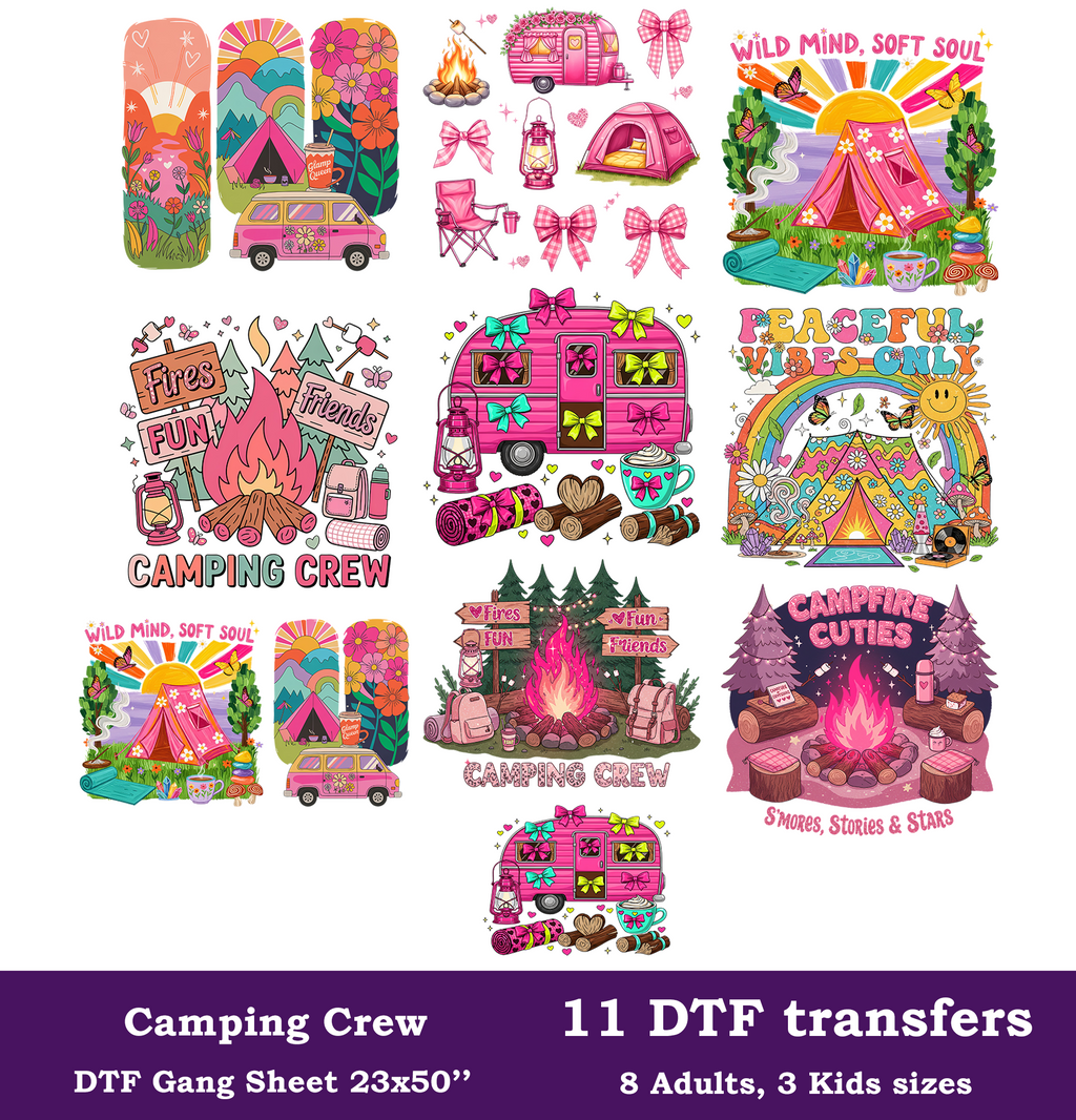 Camping Crew DTF Gang Sheet, 23x50 in. Cute Pink Camp Heat transfers
