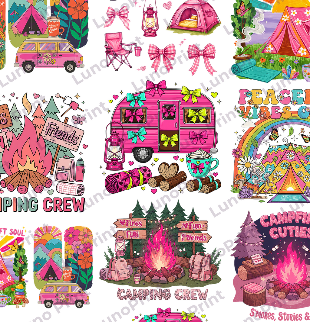 Camping Crew DTF Gang Sheet, 23x50 in. Cute Pink Camp Heat transfers