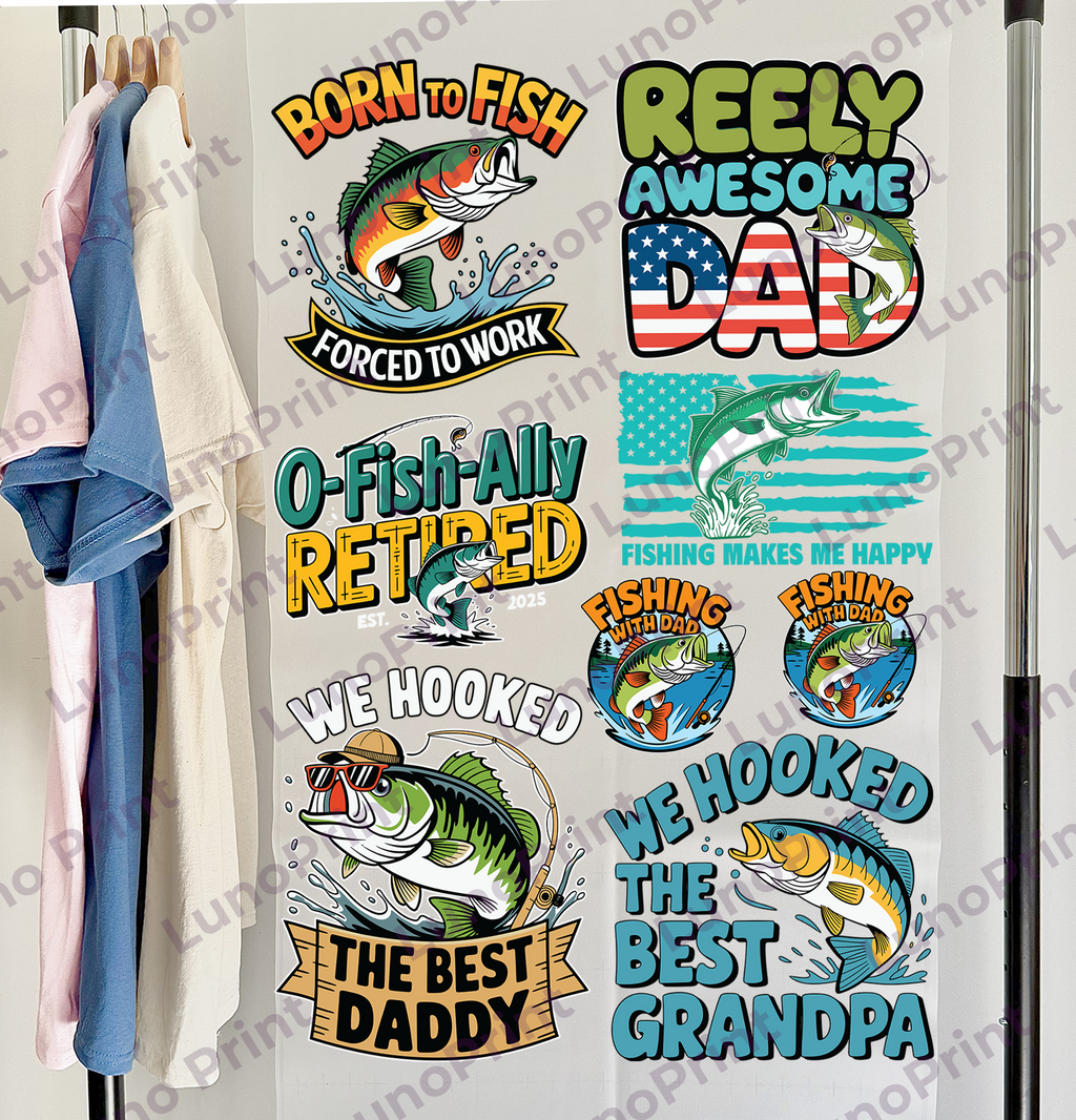 Fishing Dad, Grandpa, Kids DTF Gang Sheet, 23x35 in. Ready to Press Heat transfers