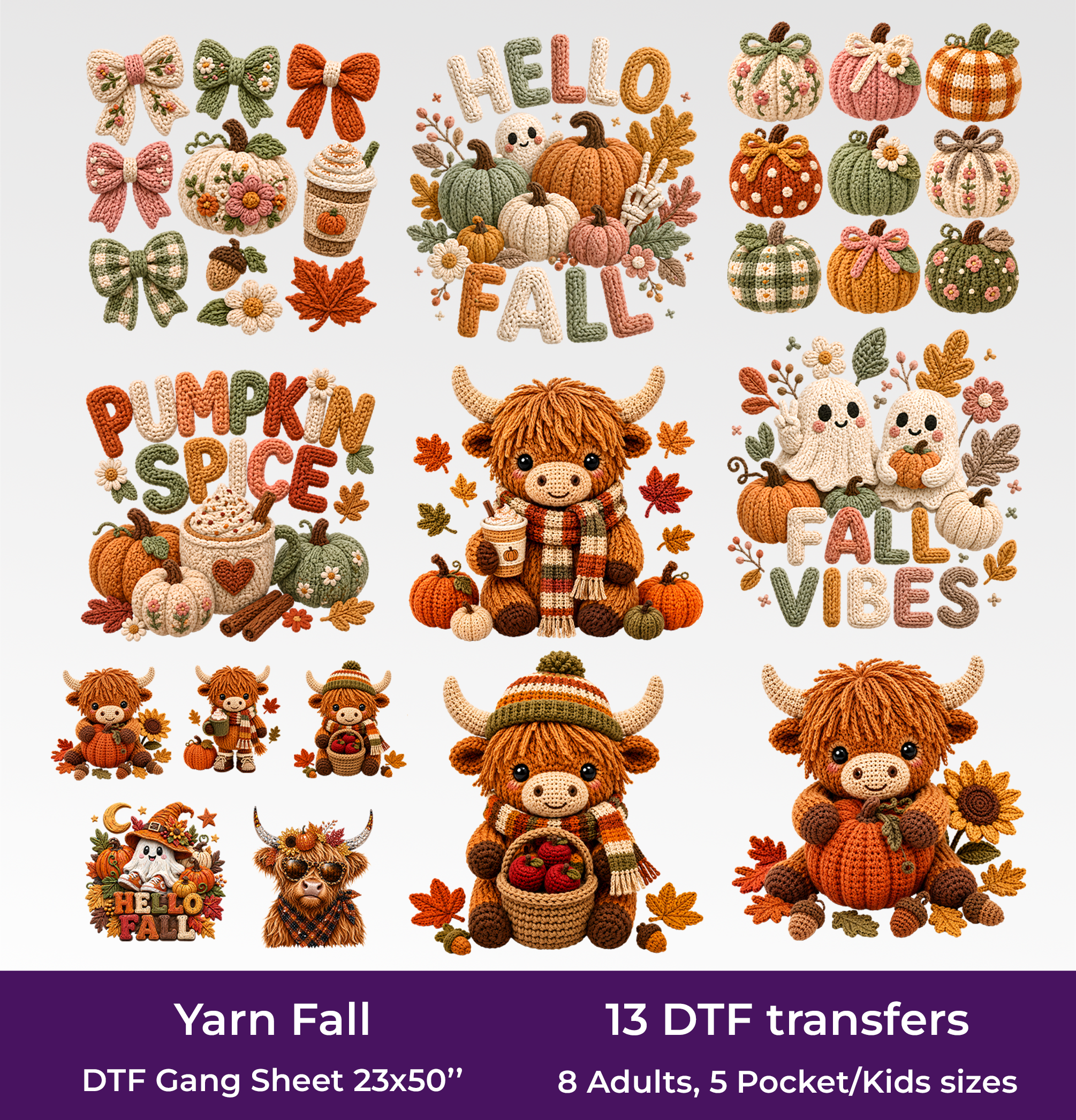 Faux Yarn Fall DTF Gang Sheet, 23x50 in. Cute Cows Heat transfers