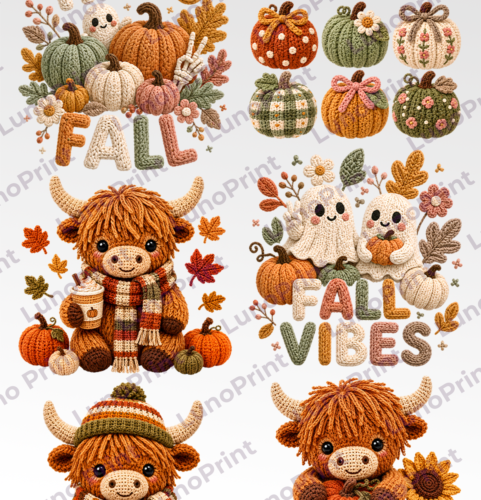Faux Yarn Fall DTF Gang Sheet, 23x50 in. Cute Cows Heat transfers
