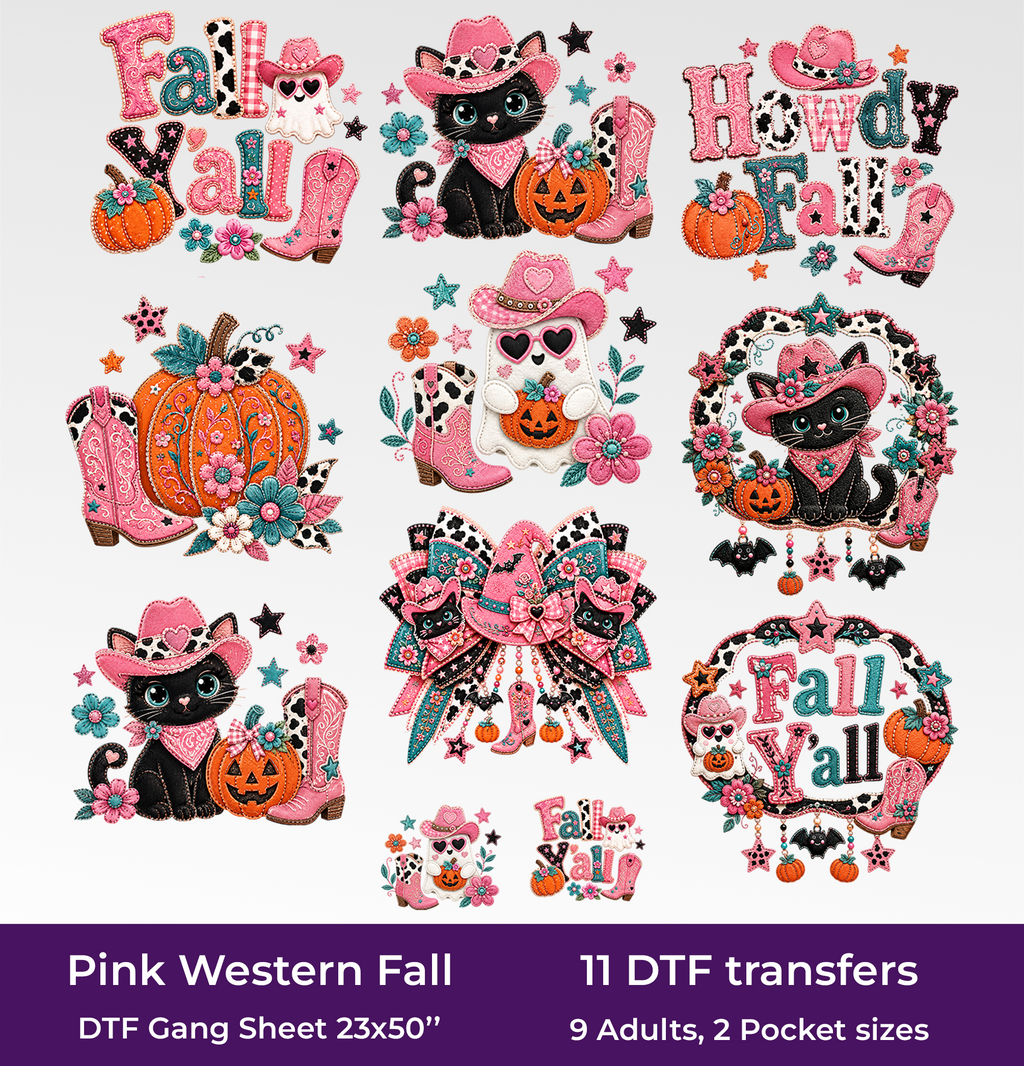 Pink Western Fall DTF Gang Sheet for Adults/Kids, 23x50/23x30 in. Cute Heat transfers