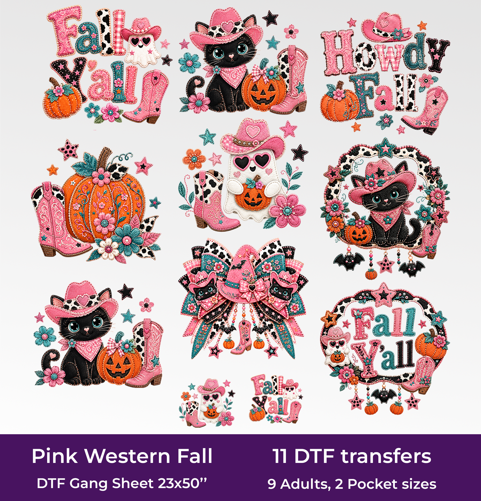 Pink Western Fall DTF Gang Sheet for Adults/Kids, 23x50/23x30 in. Cute Heat transfers