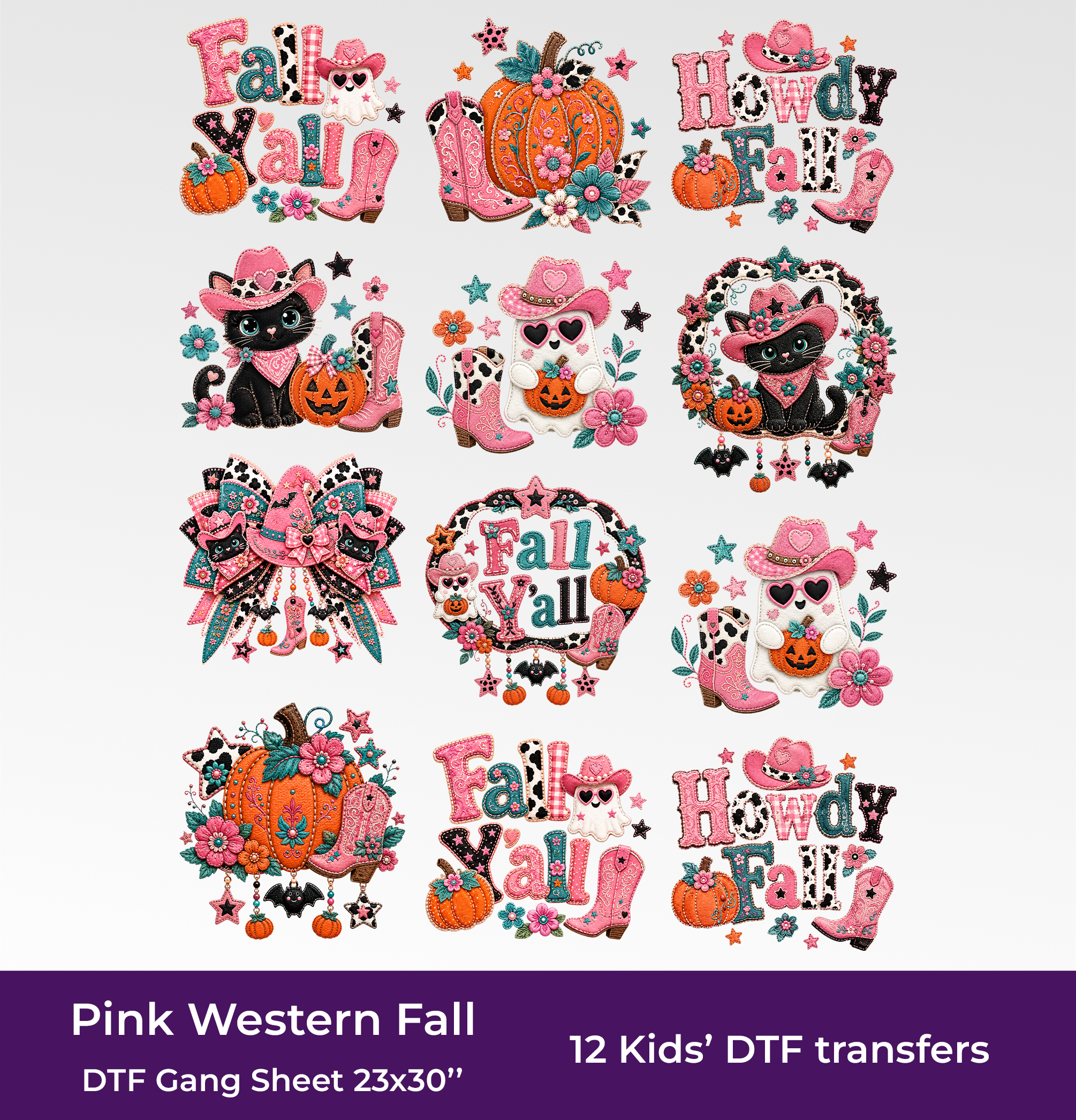 Pink Western Fall DTF Gang Sheet for Adults/Kids, 23x50/23x30 in. Cute Heat transfers