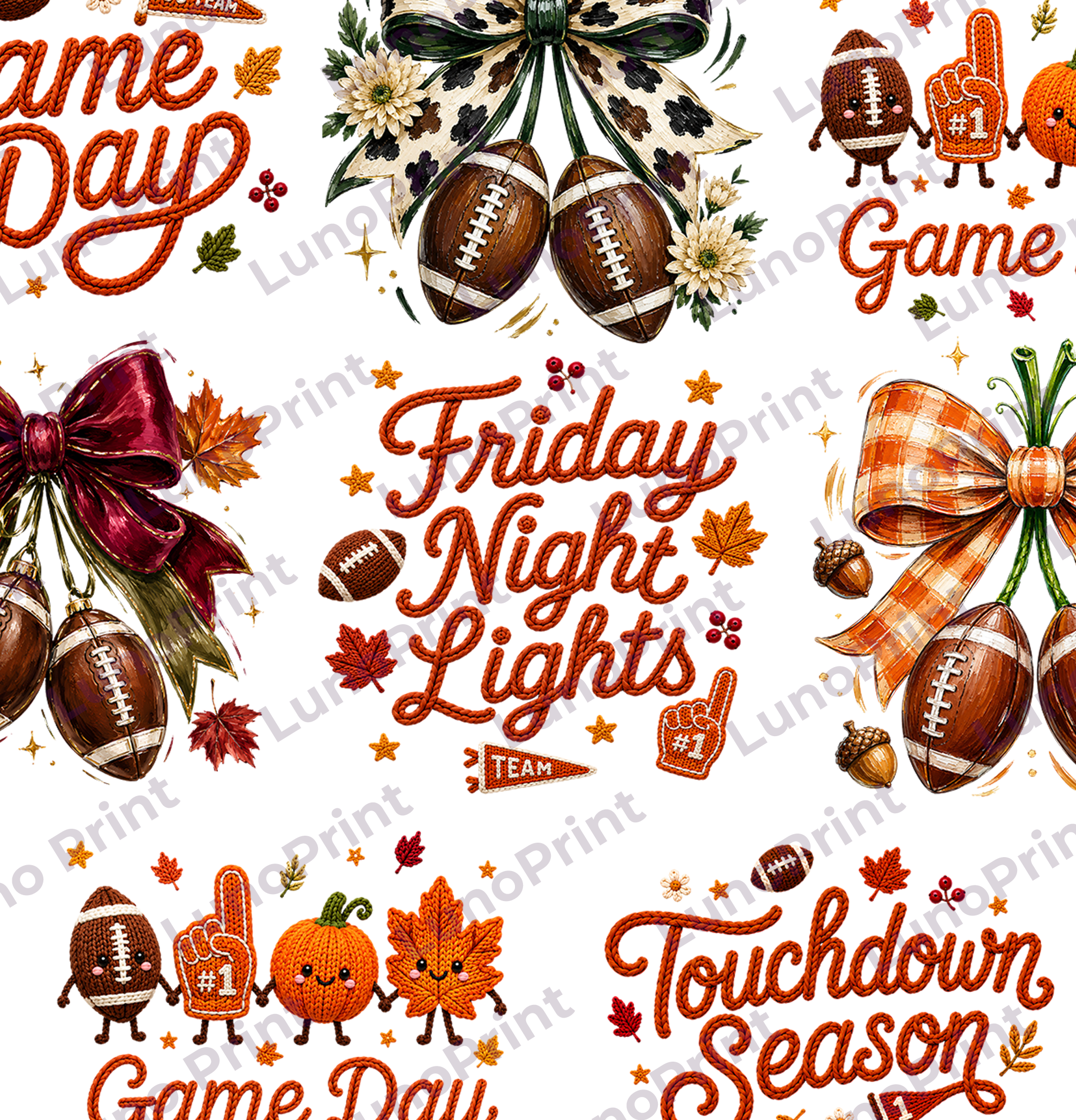 Faux Yarn Touchdown Season DTF Gang Sheet, 23x40 in. Game Day Ready-to-press Heat transfers