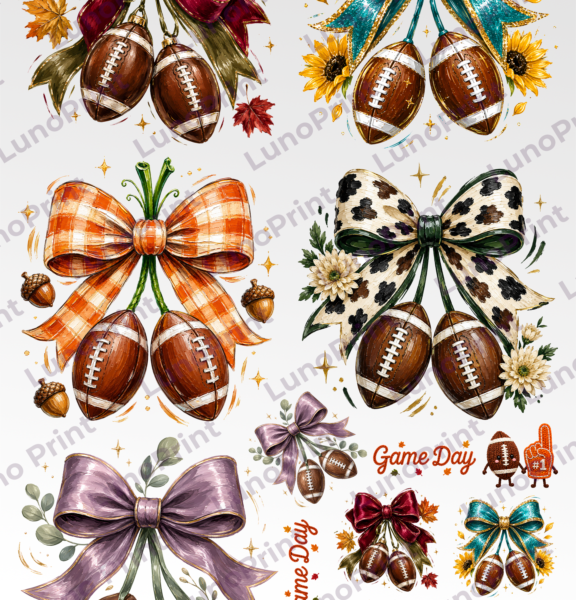 Football Season Bow DTF Gang Sheet, 23x35 in. Game Day Ready to Press Heat transfers