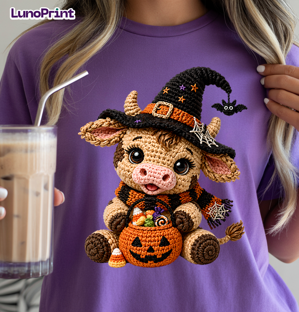 Halloween Crochet Cows DTF Gang Sheet, 23x50 in. Cute Cows Heat transfers