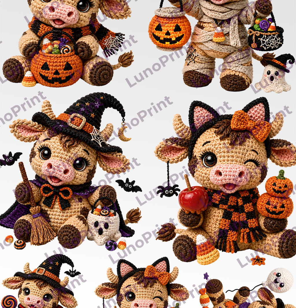Halloween Crochet Cows DTF Gang Sheet, 23x50 in. Cute Cows Heat transfers