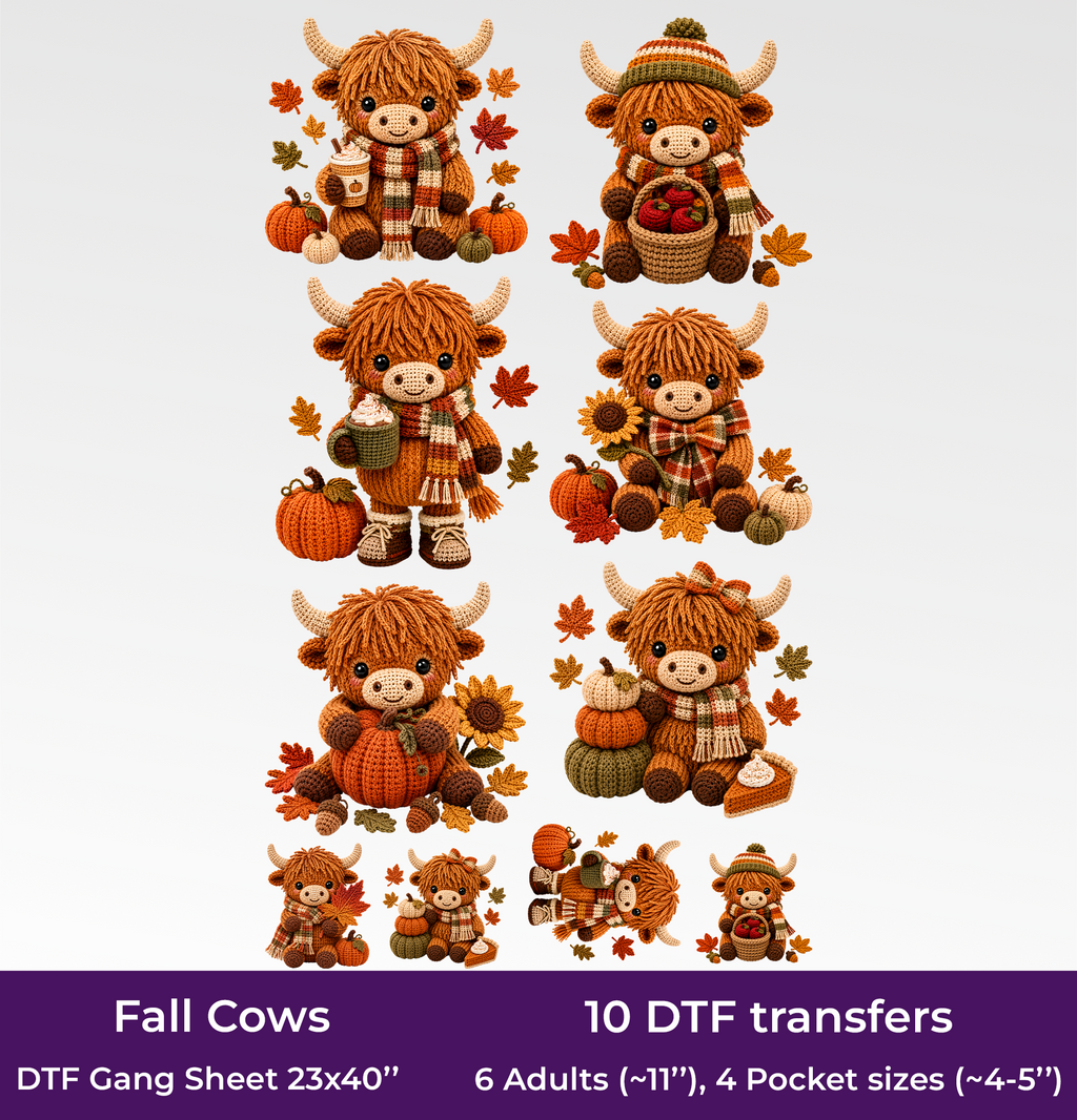 Fall Cows DTF Gang Sheet, 23x40 in. Faux Crochet Ready-to-press Heat transfers