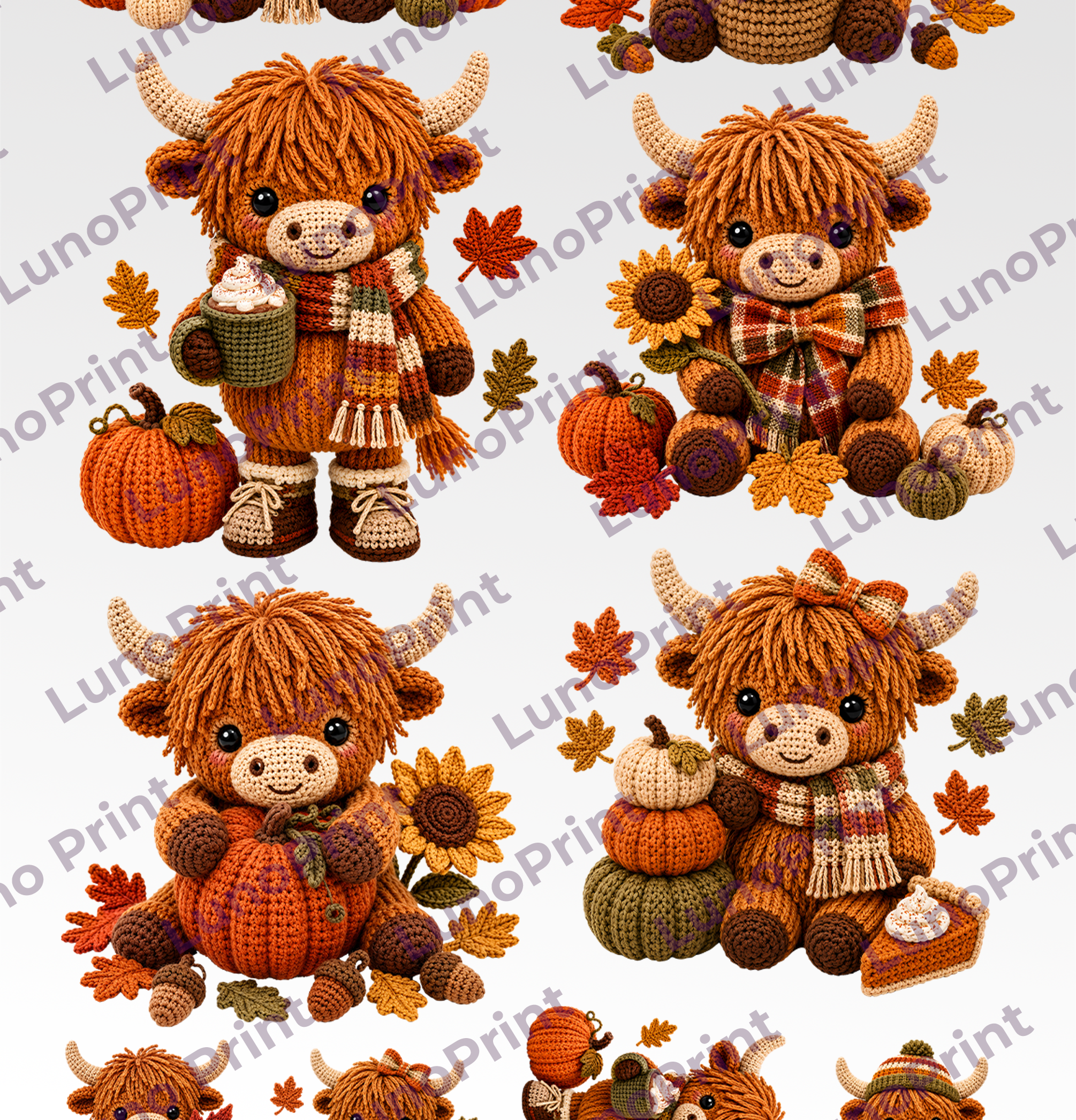 Fall Cows DTF Gang Sheet, 23x40 in. Faux Crochet Ready-to-press Heat transfers