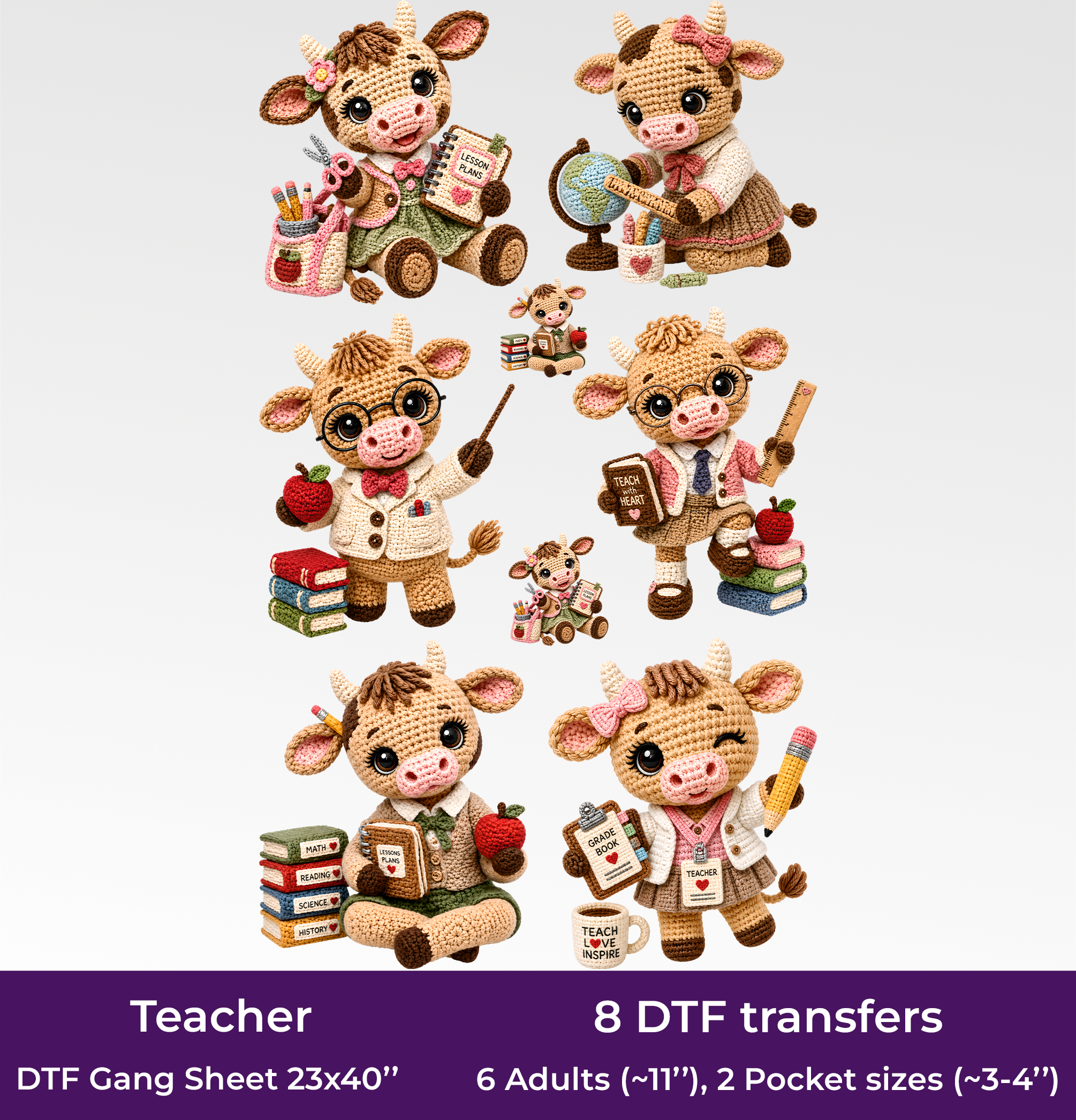 Teacher DTF Gang Sheet, 23x40 in. Crochet Cows Ready-to-press Heat transfers