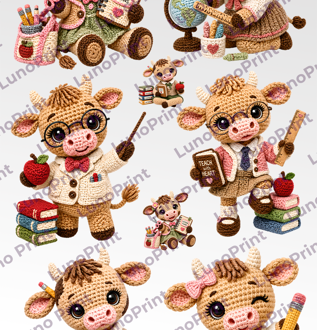 Teacher DTF Gang Sheet, 23x40 in. Crochet Cows Ready-to-press Heat transfers