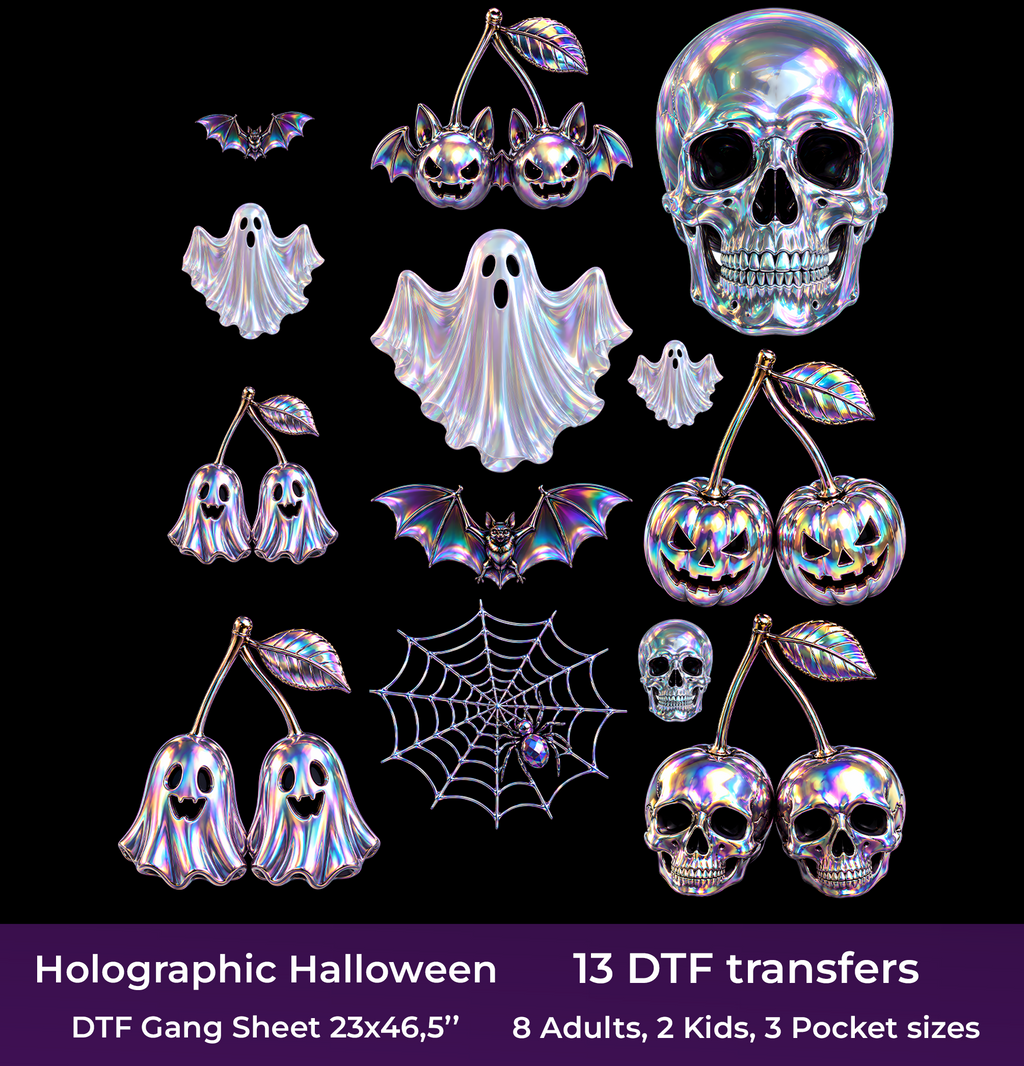 Holographic Halloween DTF Gang Sheet, 23x46.5 in. Realistic Heat transfers