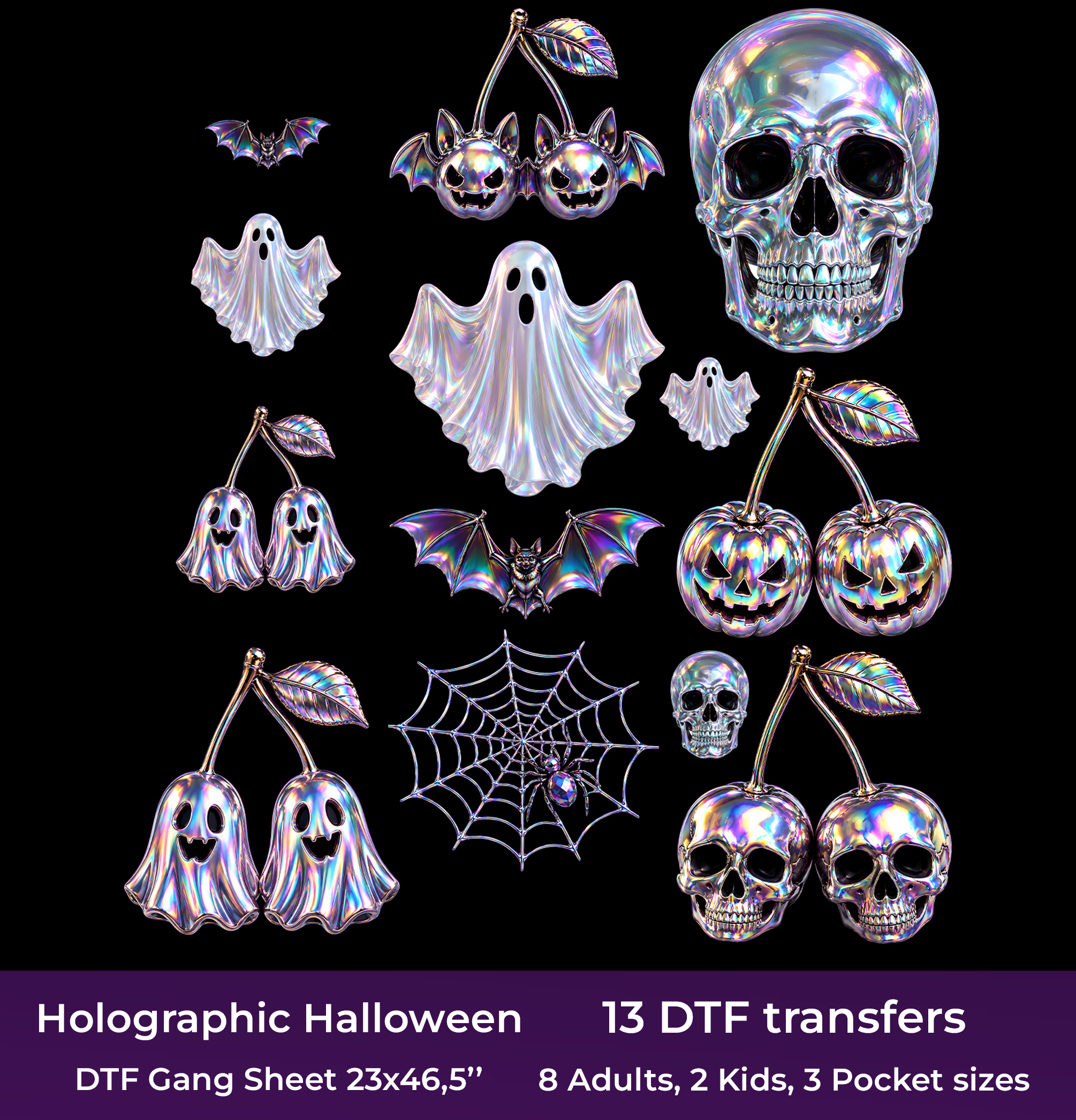 Holographic Halloween DTF Gang Sheet, 23x46.5 in. Realistic Heat transfers