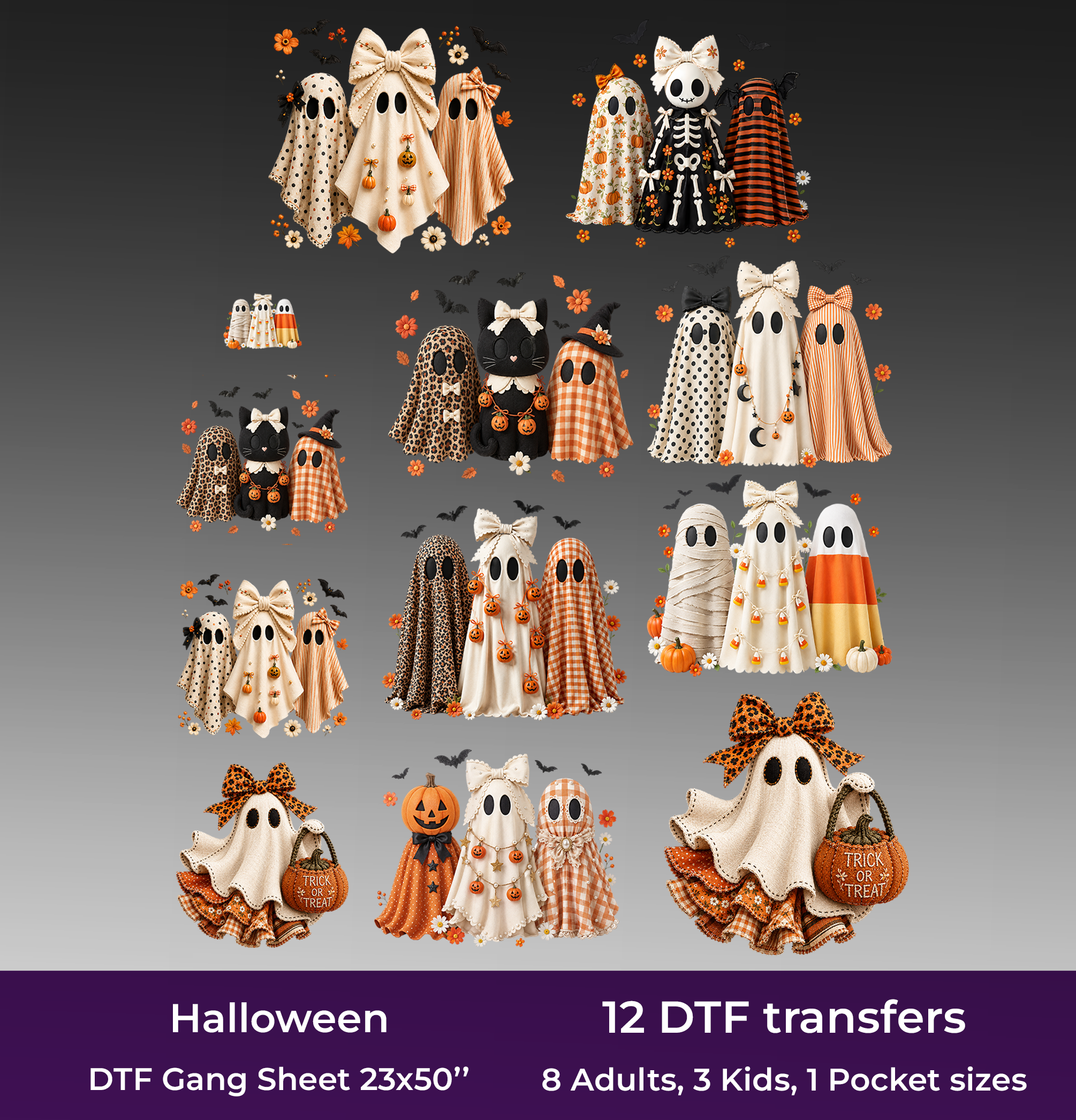 Halloween Ghost DTF Gang Sheet, 23x50 in. Realistic Heat transfers