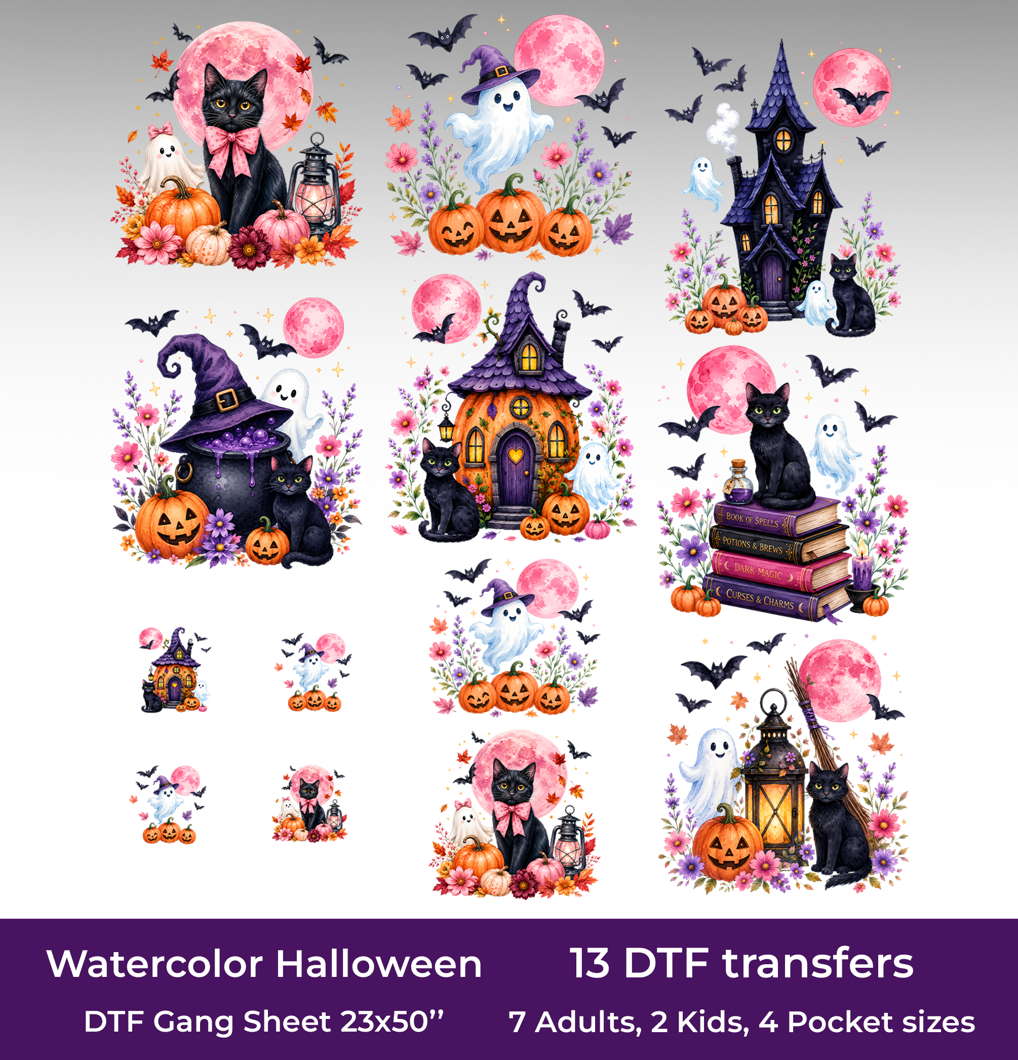 Watercolor Halloween DTF Gang Sheet, 23x50 in. Cute Heat transfers