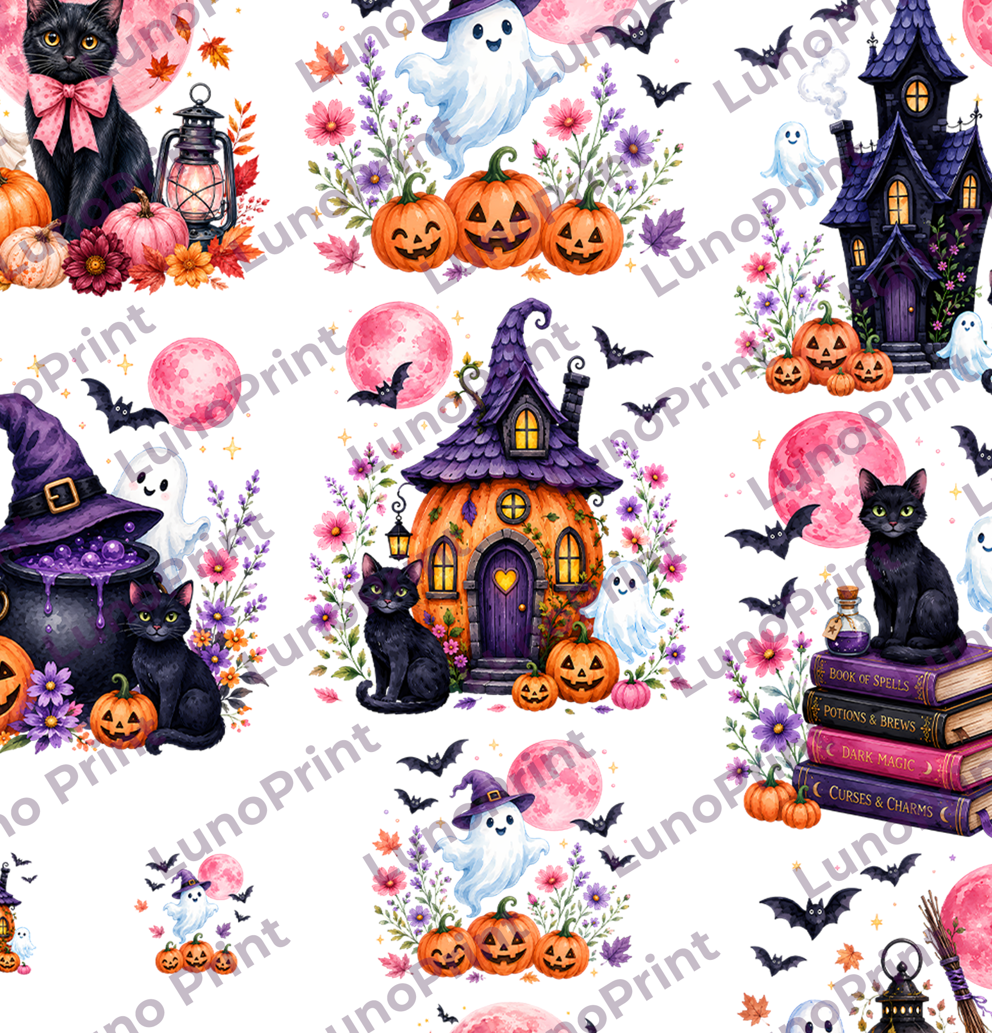 Watercolor Halloween DTF Gang Sheet, 23x50 in. Cute Heat transfers