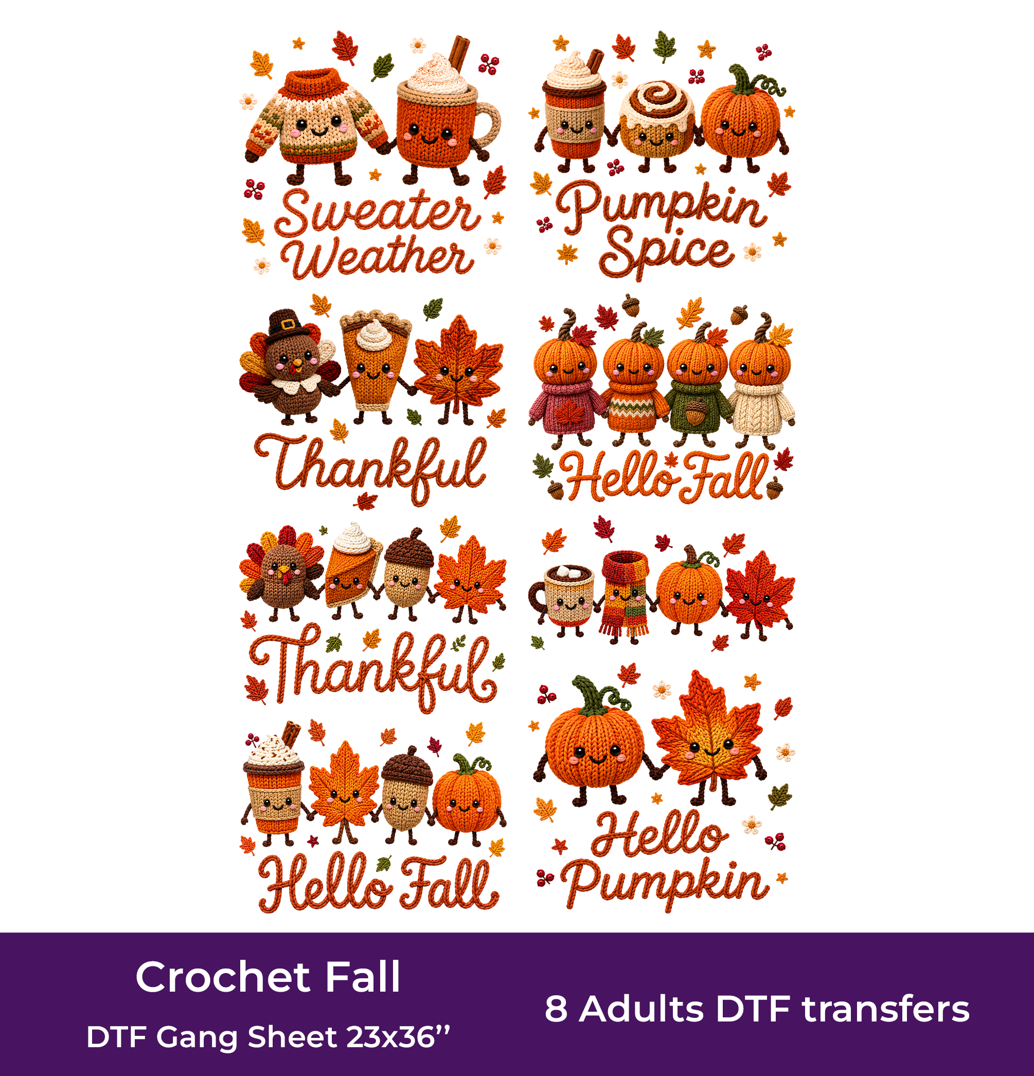 Crochet Fall DTF Gang Sheet, 23x36 in. Ready to Press Heat transfers