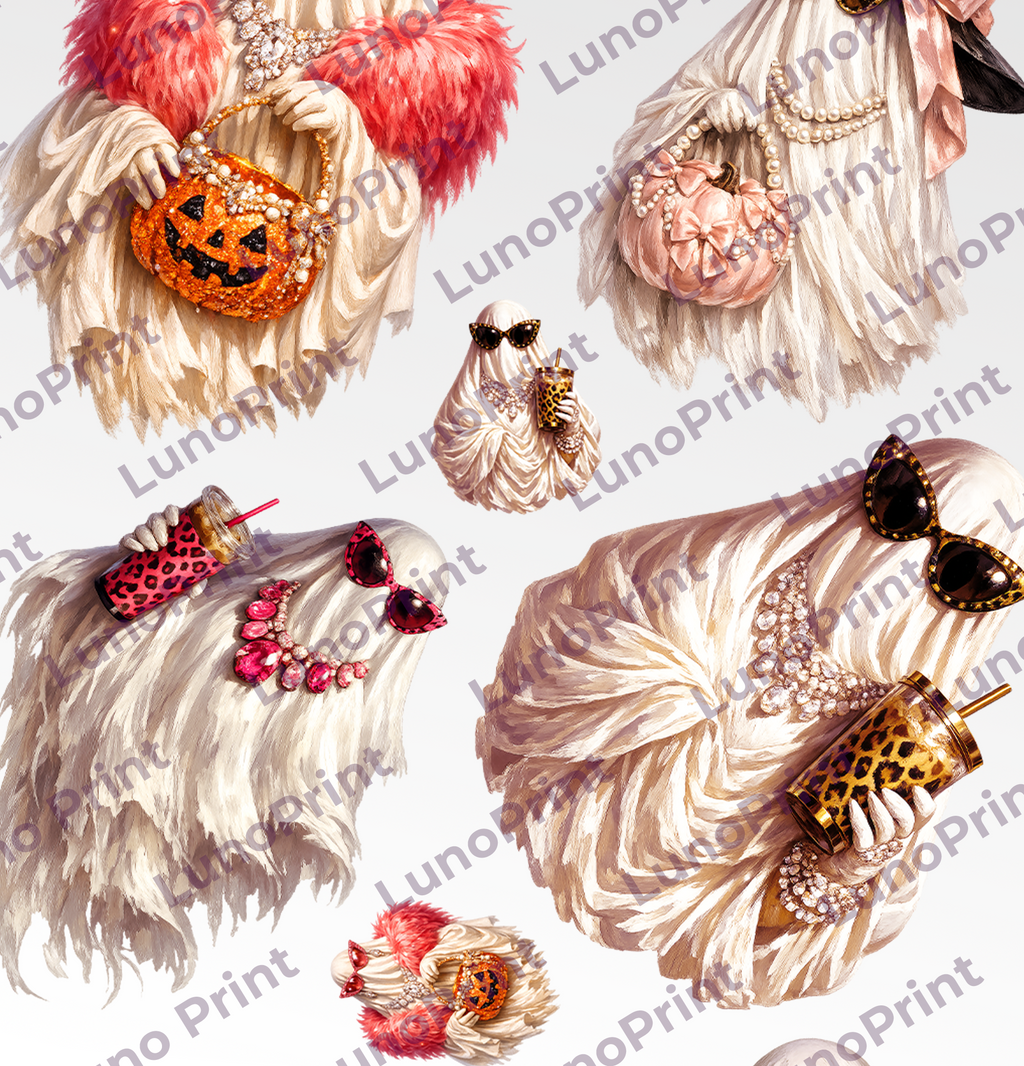 Glam Ghosts  DTF Gang Sheet, 23x40 in. Trendy Ready-to-press Heat transfers