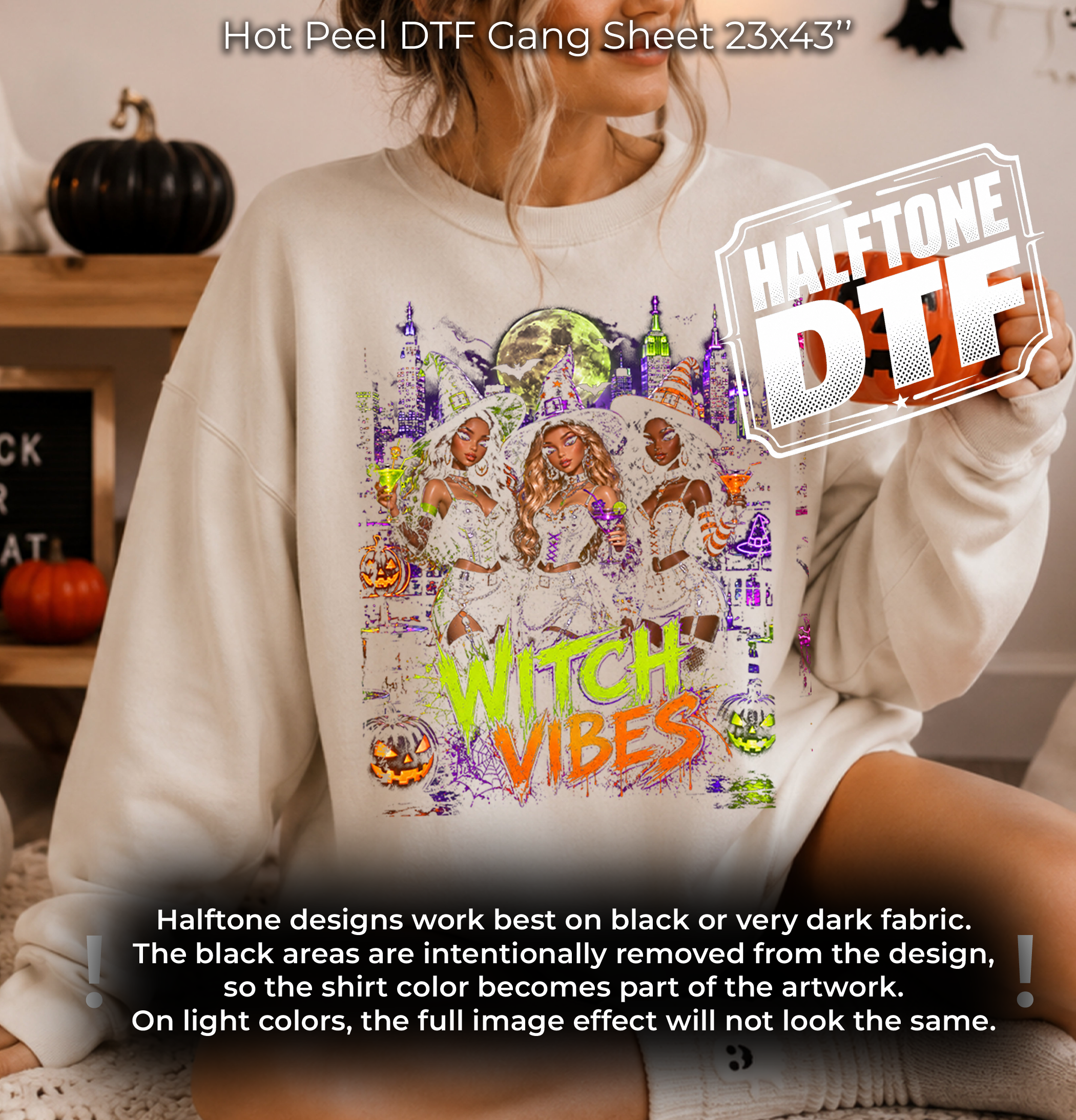 Halftone Lets Party DTF Gang Sheet, 23x43 in. Halloween Doll Ready-to-Press Heat transfers
