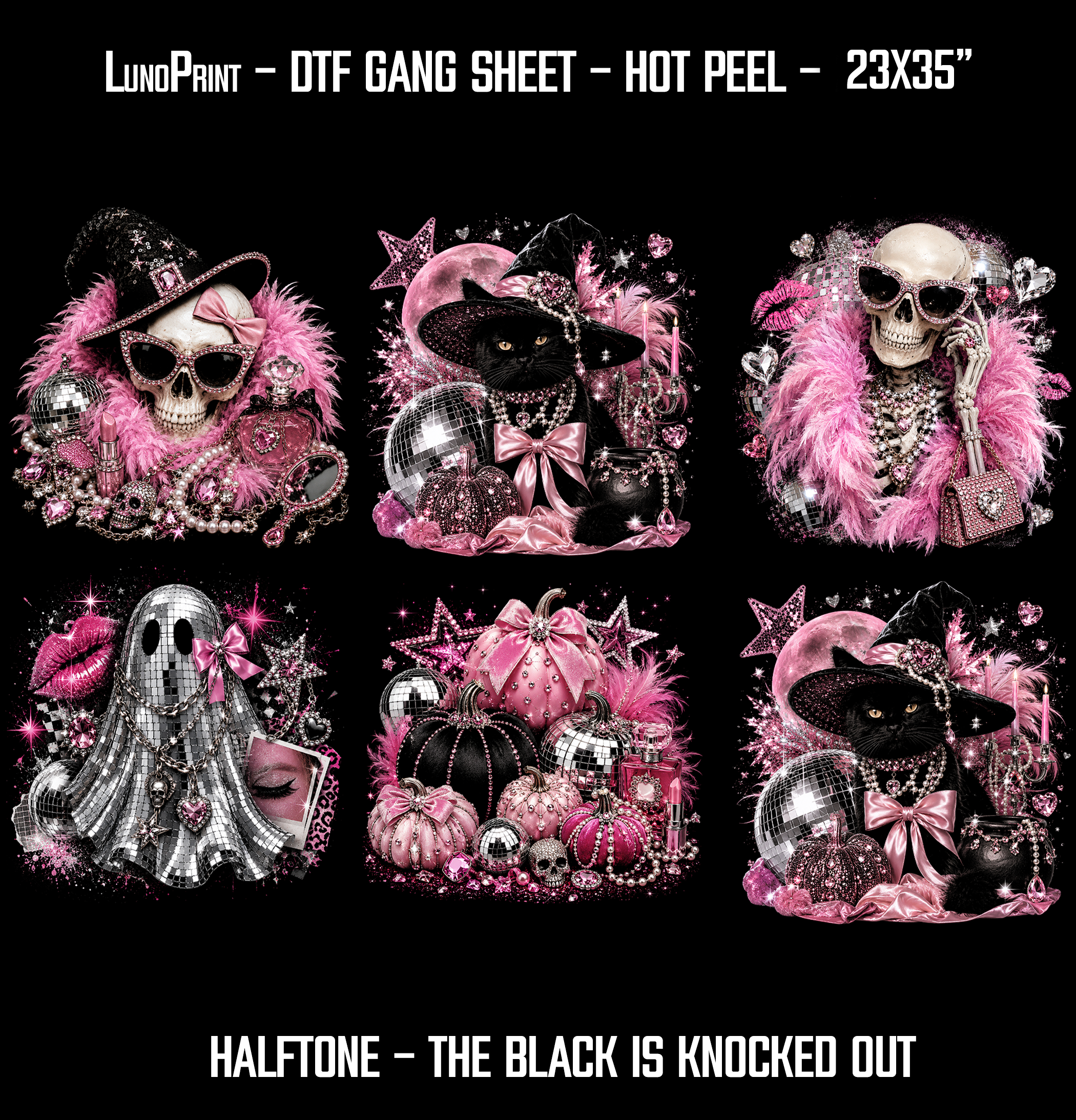 Halftone Glam Halloween DTF Gang Sheet, 23x35 in. Ready to Press Heat transfers