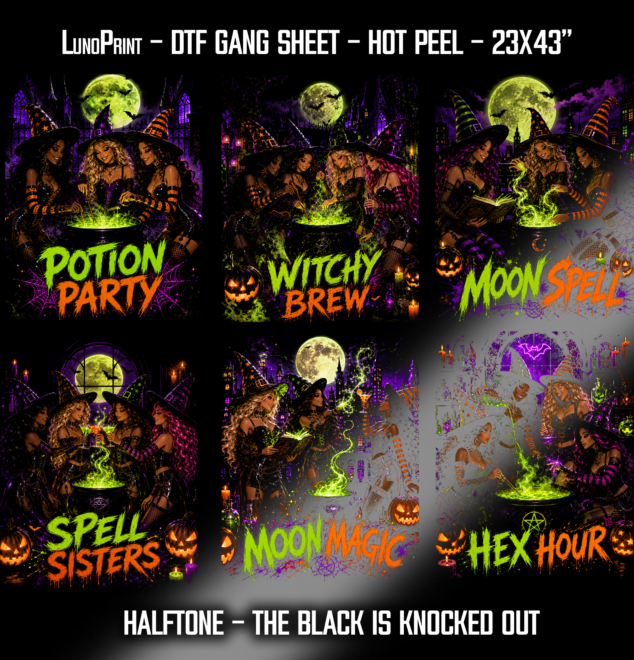 Halftone Spell Sisters DTF Gang Sheet, 23x43 in. Trendy Halloween Doll Ready-to-Press Heat transfers