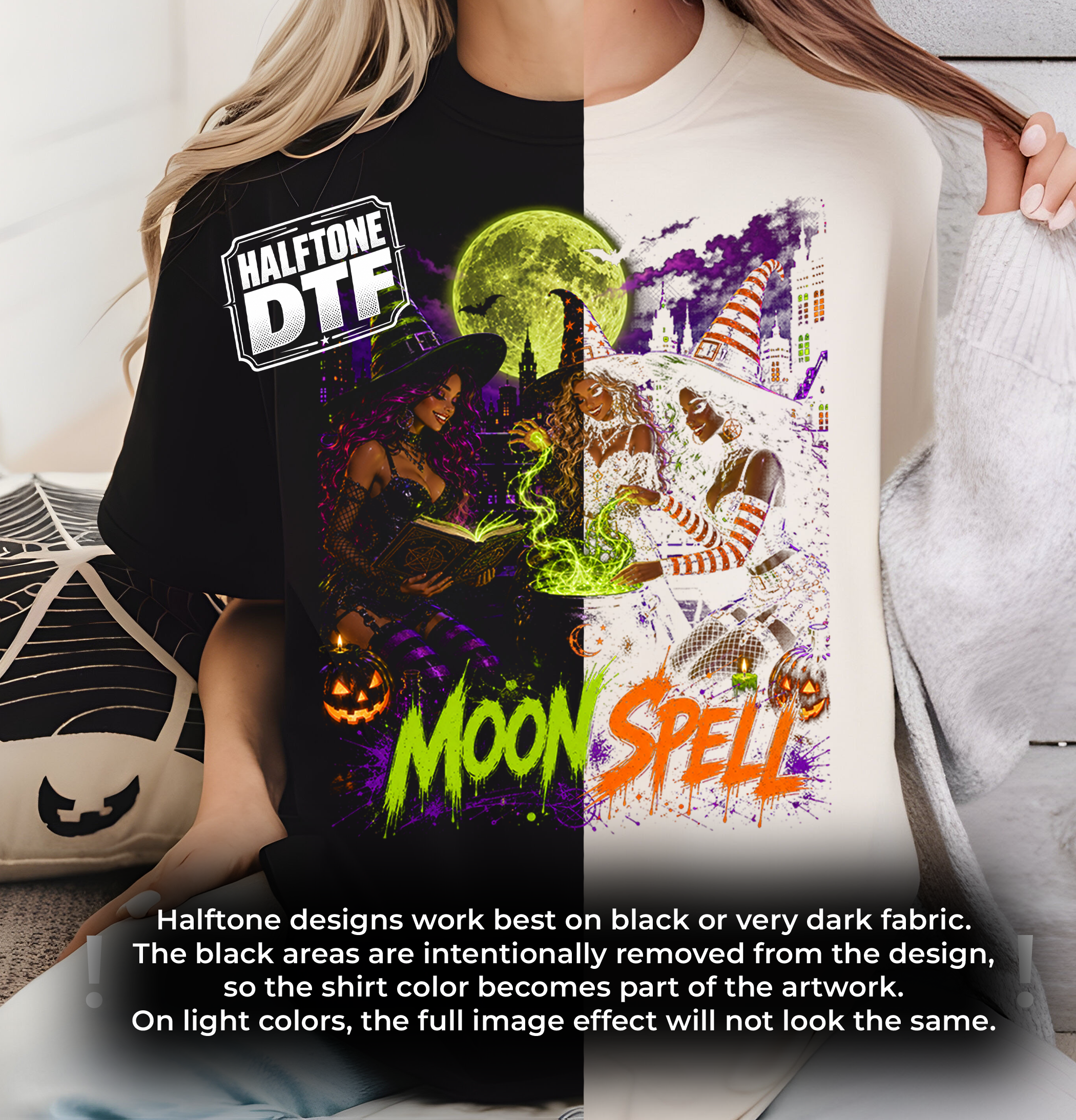 Halftone Spell Sisters DTF Gang Sheet, 23x43 in. Trendy Halloween Doll Ready-to-Press Heat transfers