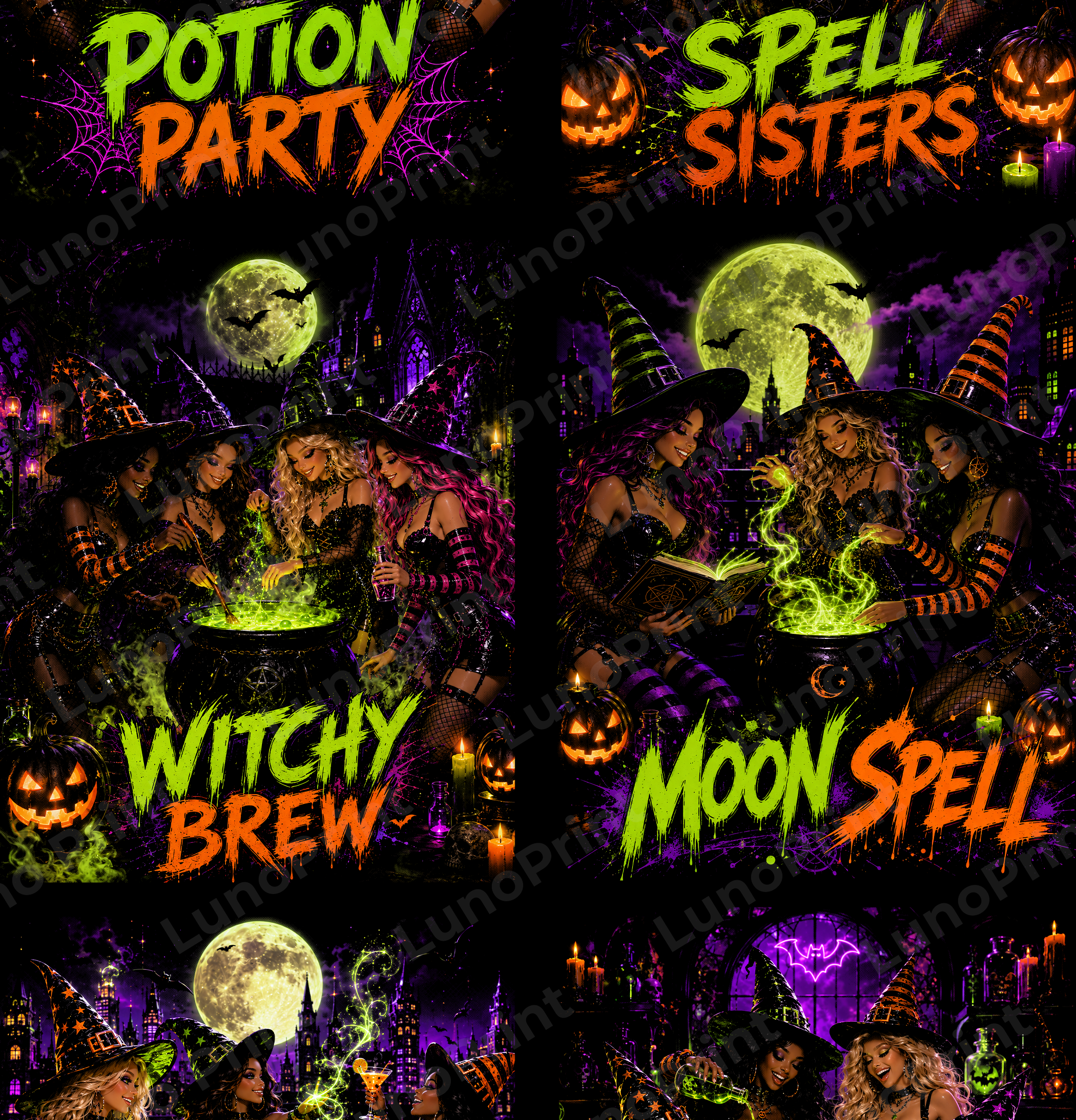 Halftone Spell Sisters DTF Gang Sheet, 23x43 in. Trendy Halloween Doll Ready-to-Press Heat transfers