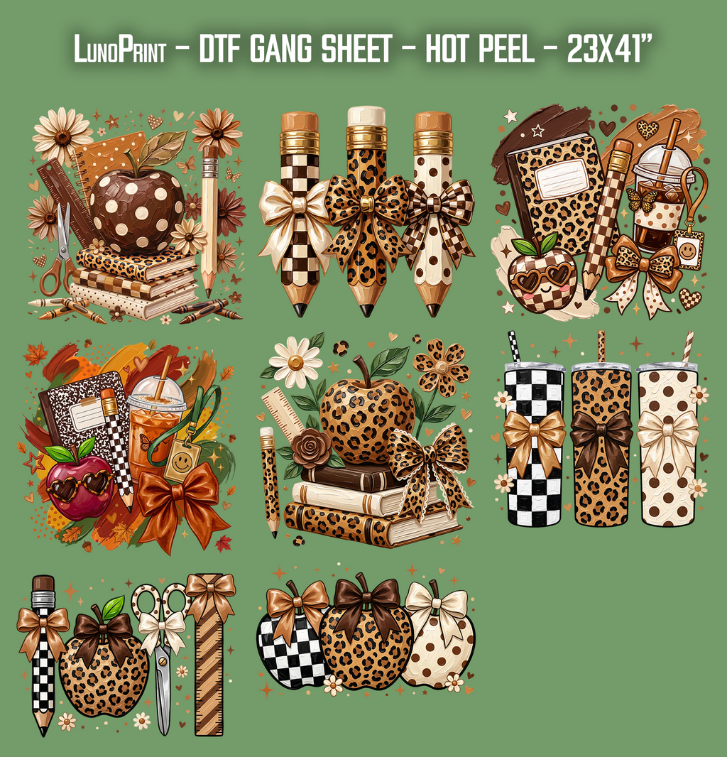 Leopard School DTF Gang Sheet 23x40 in. Back to School Ready-to-press Heat transfers
