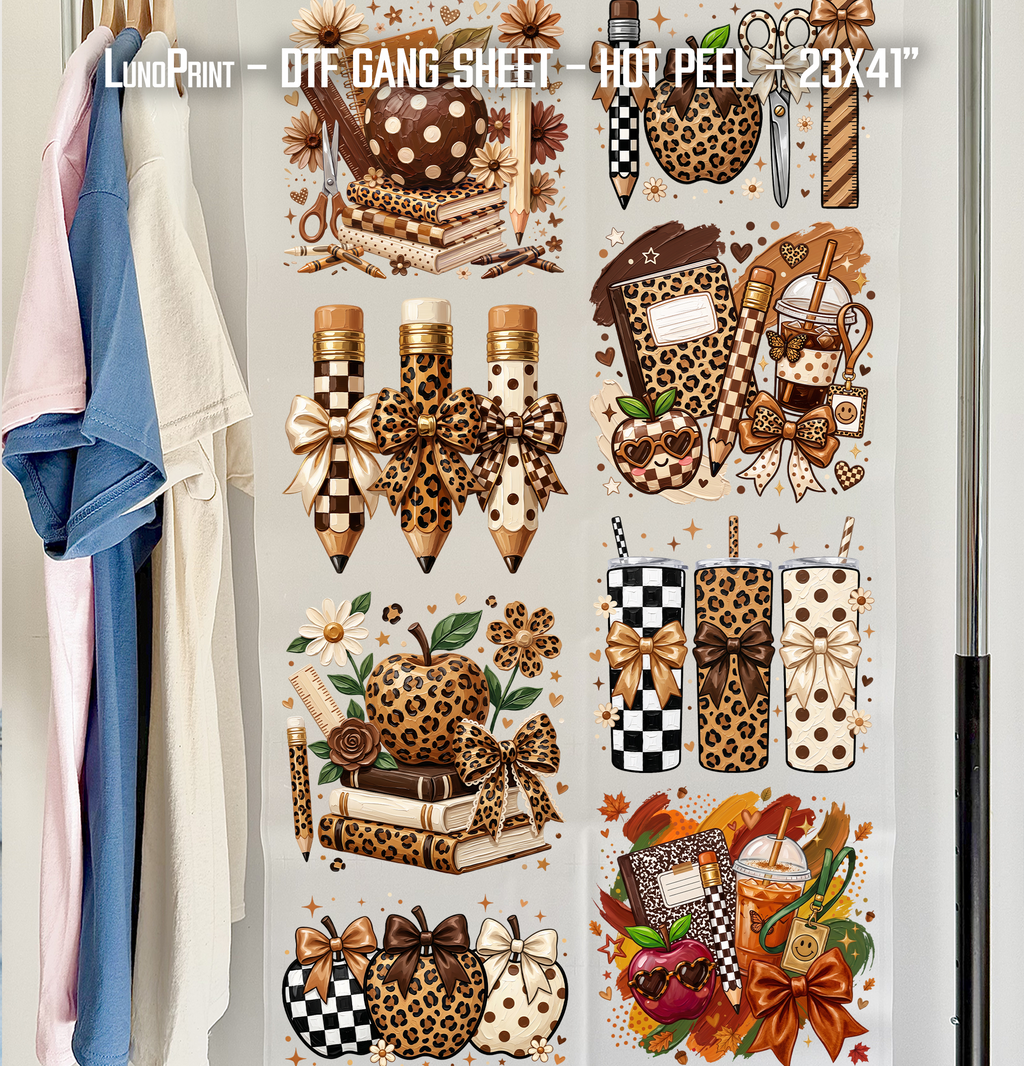 Leopard School DTF Gang Sheet 23x40 in. Back to School Ready-to-press Heat transfers