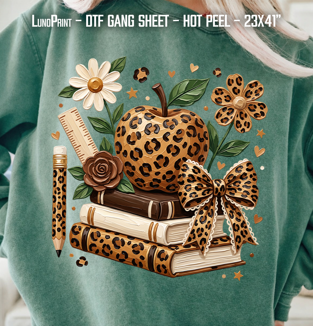 Leopard School DTF Gang Sheet 23x40 in. Back to School Ready-to-press Heat transfers