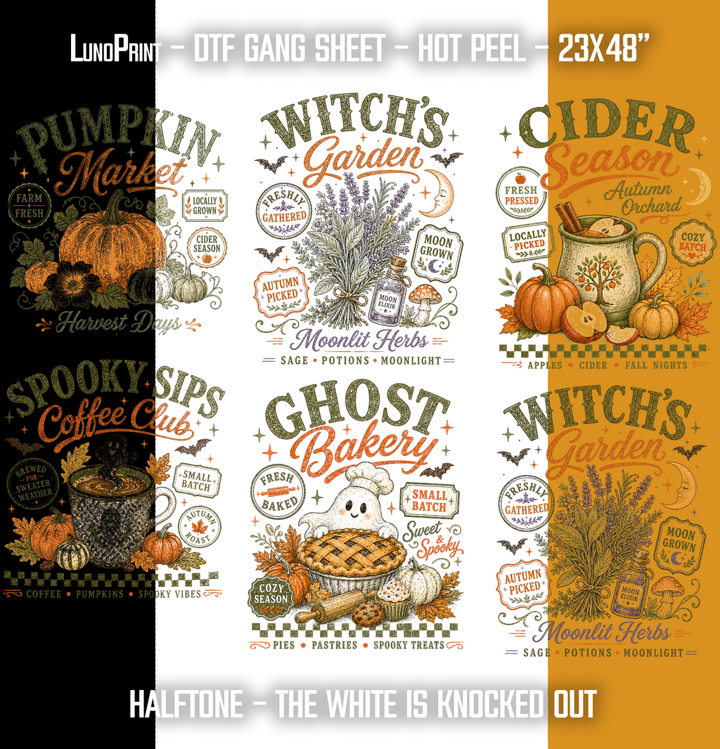 HALFTONE Halloween DTF Gang Sheet 23x40 in. Ready-to-press Heat transfers