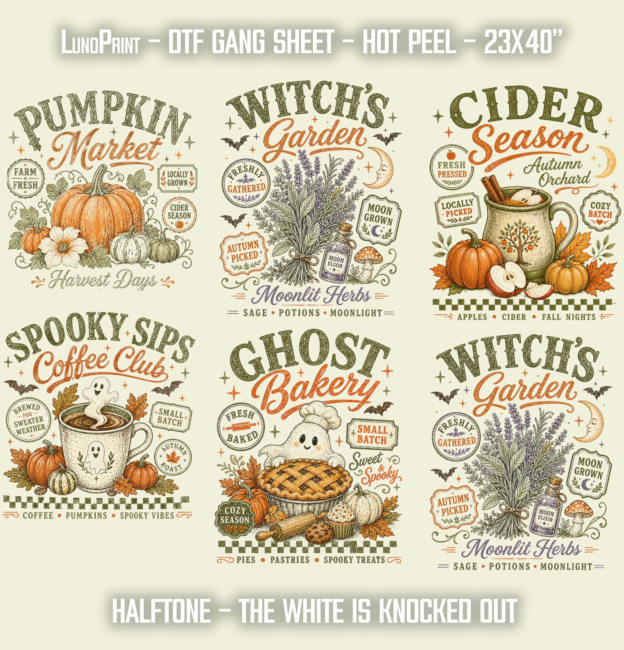 HALFTONE Halloween DTF Gang Sheet 23x40 in. Ready-to-press Heat transfers