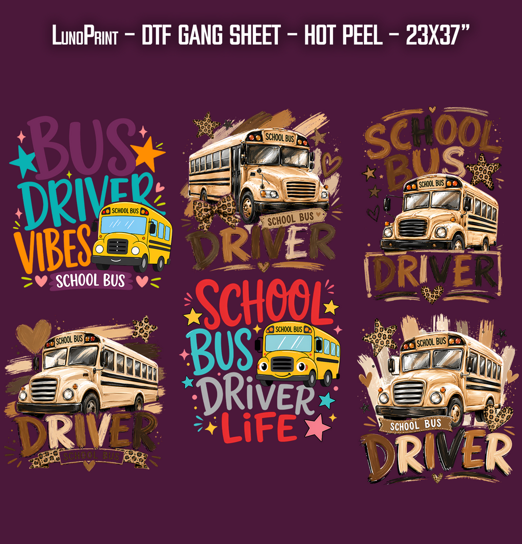 School Bus Driver DTF Gang Sheet 23x37 in. Ready-to-press Heat transfers