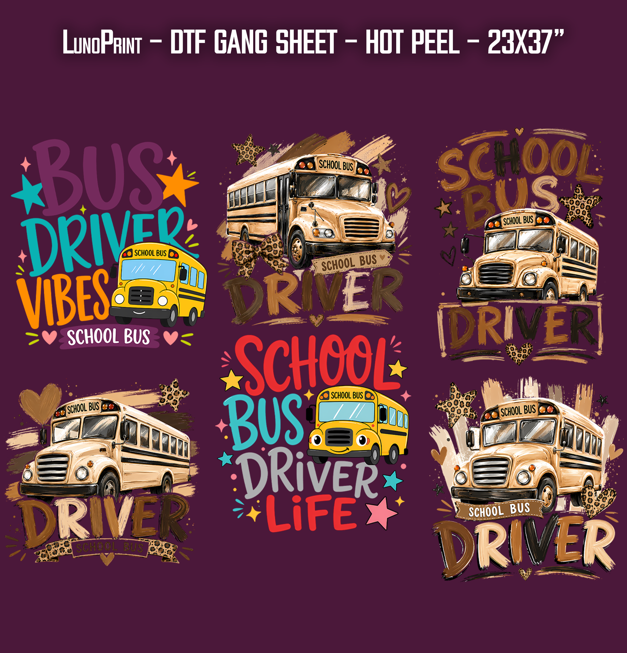 School Bus Driver DTF Gang Sheet 23x37 in. Ready-to-press Heat transfers