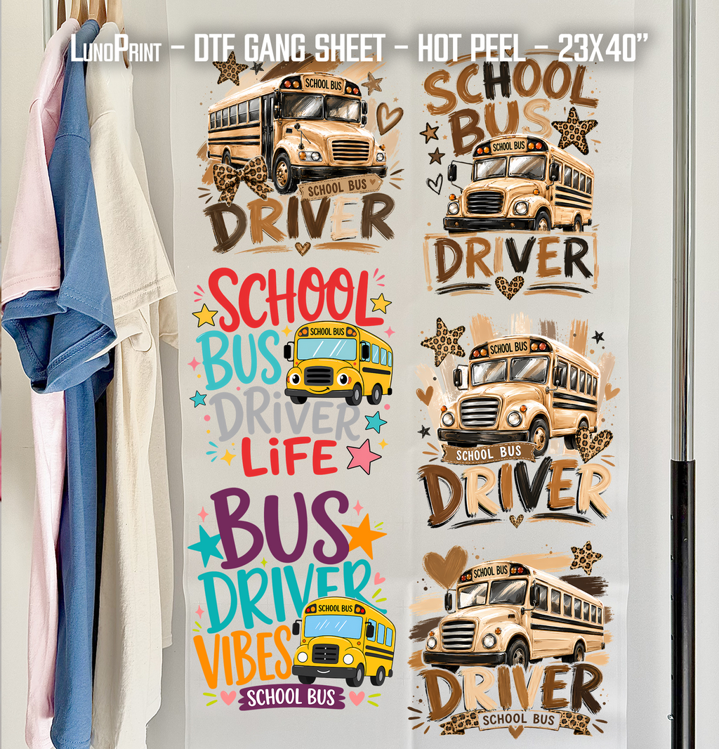 School Bus Driver DTF Gang Sheet 23x37 in. Ready-to-press Heat transfers