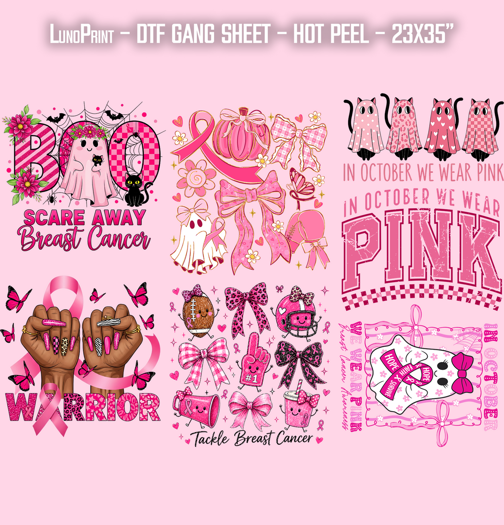 Breast Cancer Awareness DTF Gang Sheet, 23x35 in. Ready to Press Heat transfers
