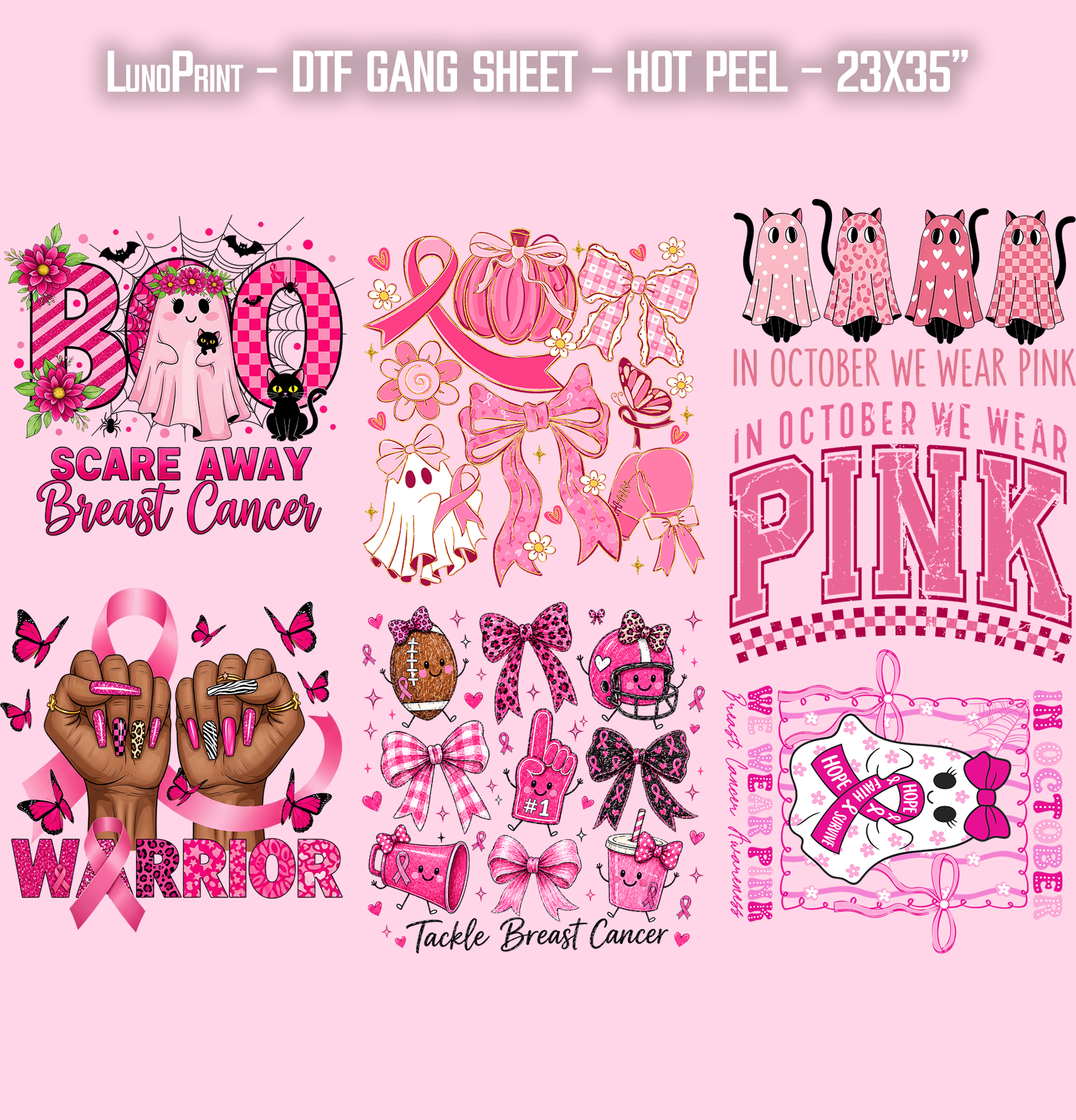 Breast Cancer Awareness DTF Gang Sheet, 23x35 in. Ready to Press Heat transfers