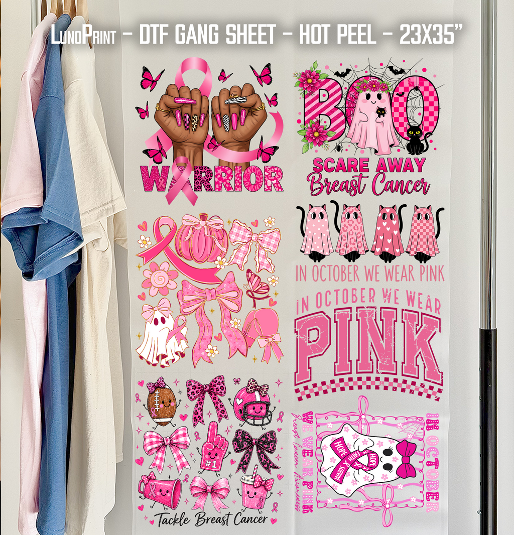 Breast Cancer Awareness DTF Gang Sheet, 23x35 in. Ready to Press Heat transfers