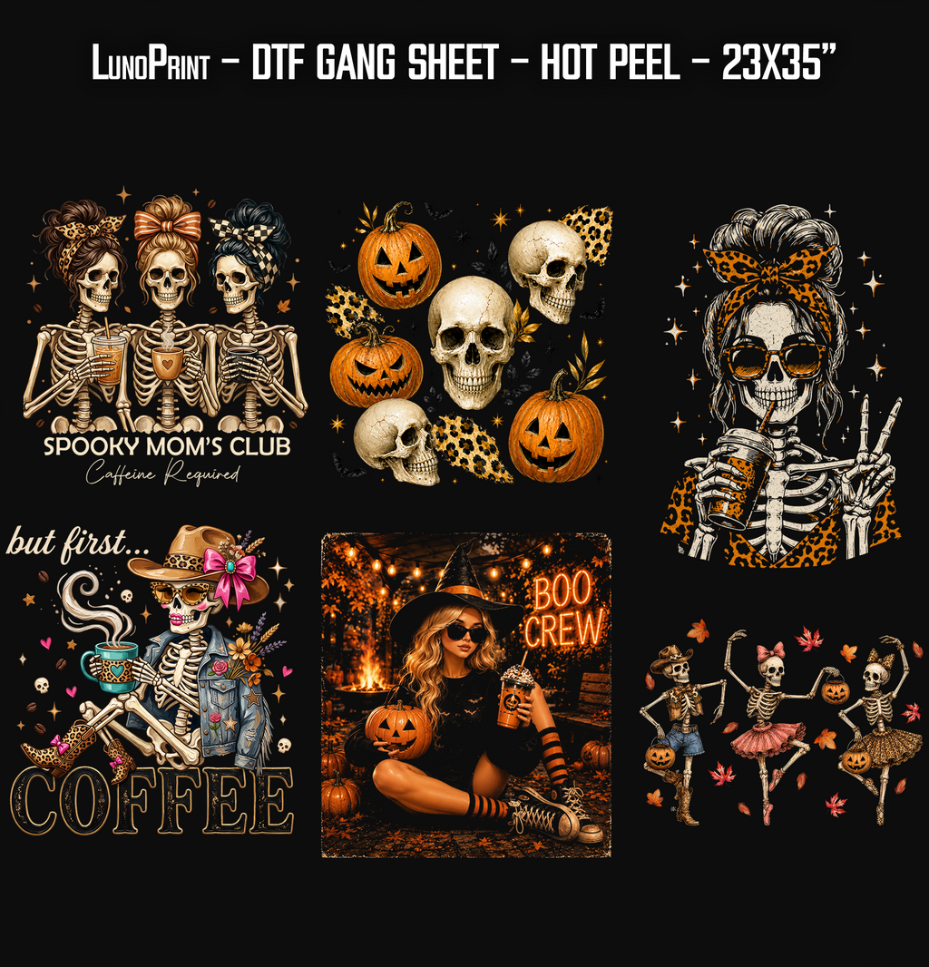 Coffee Skeleton DTF Gang Sheet 23x35 in. Halloween Ready-to-press Heat transfers
