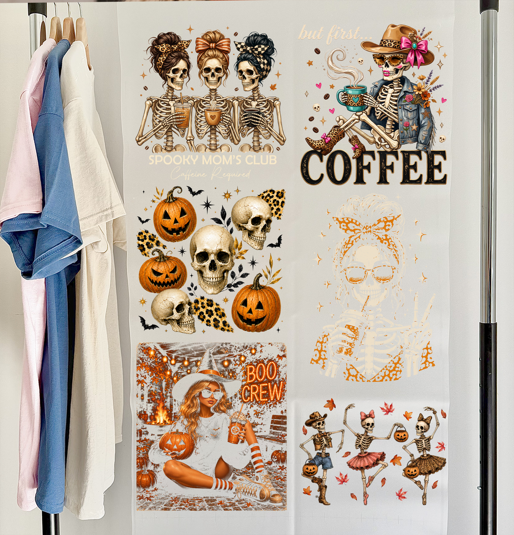 Coffee Skeleton DTF Gang Sheet 23x35 in. Halloween Ready-to-press Heat transfers
