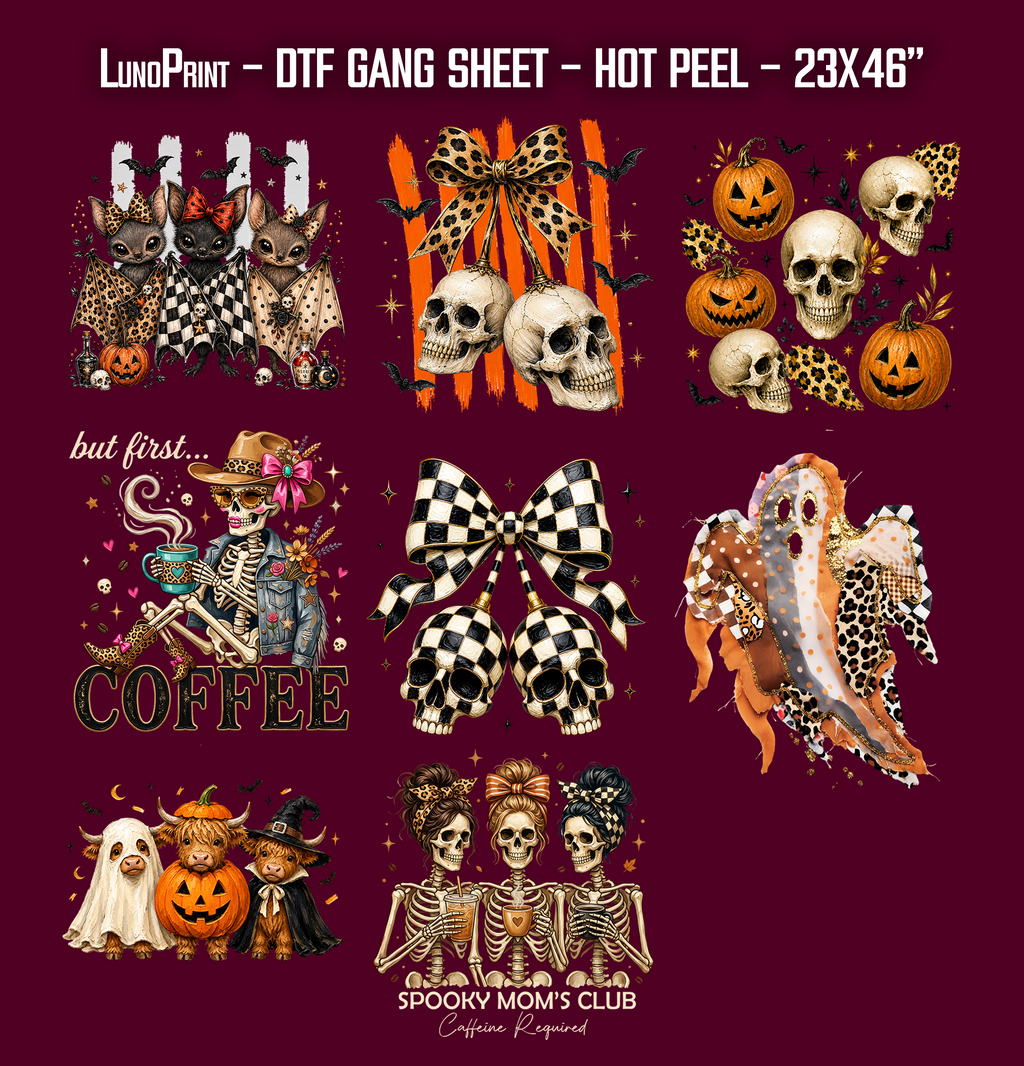 Spooky Skeleton DTF Gang Sheet, 23x46 in. Halloween Ready to Press Heat transfers