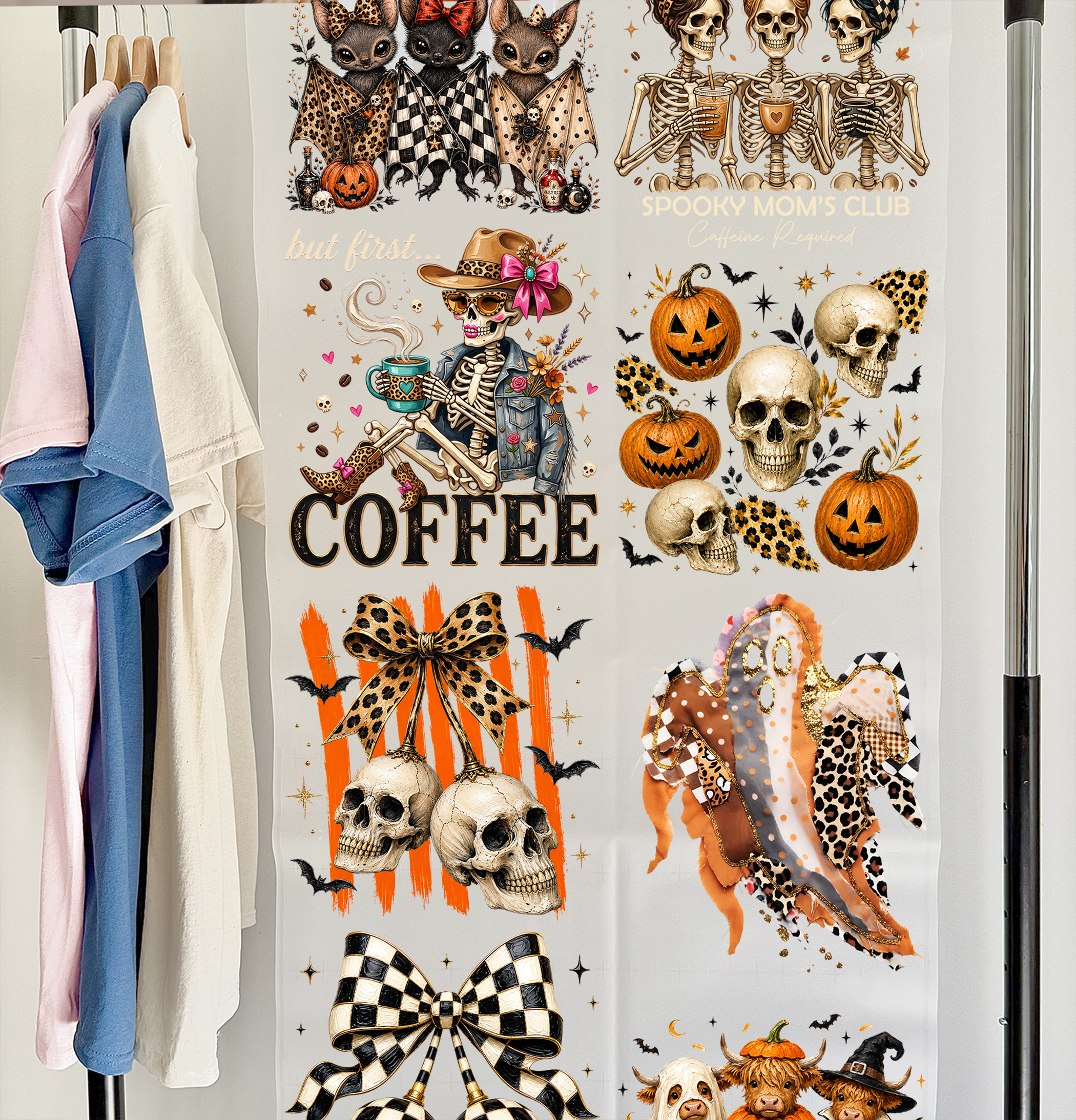 Spooky Skeleton DTF Gang Sheet, 23x46 in. Halloween Ready to Press Heat transfers