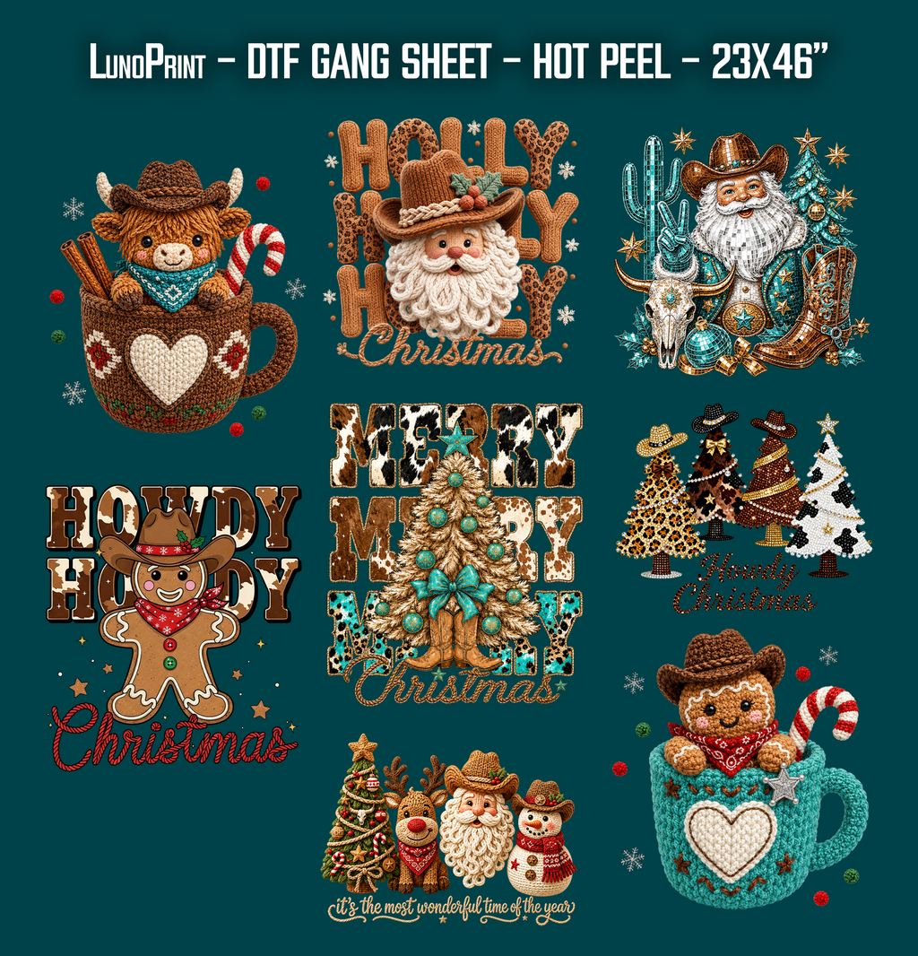 Howdy Christmas DTF Gang Sheet, 23x46 in. Western Ready to Press Heat transfers