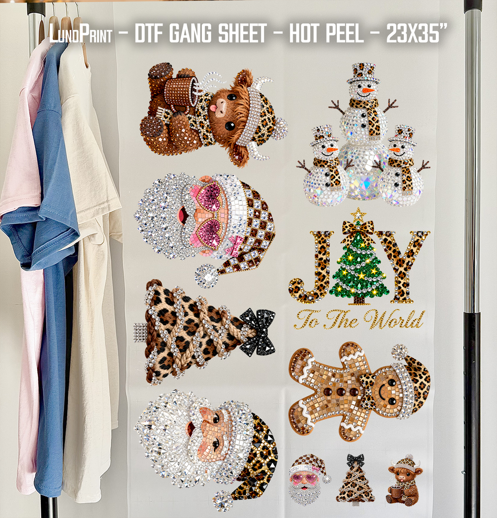 Rhinestone Leopard Christmas DTF Gang Sheet 23x35 in. Ready-to-press Heat transfers
