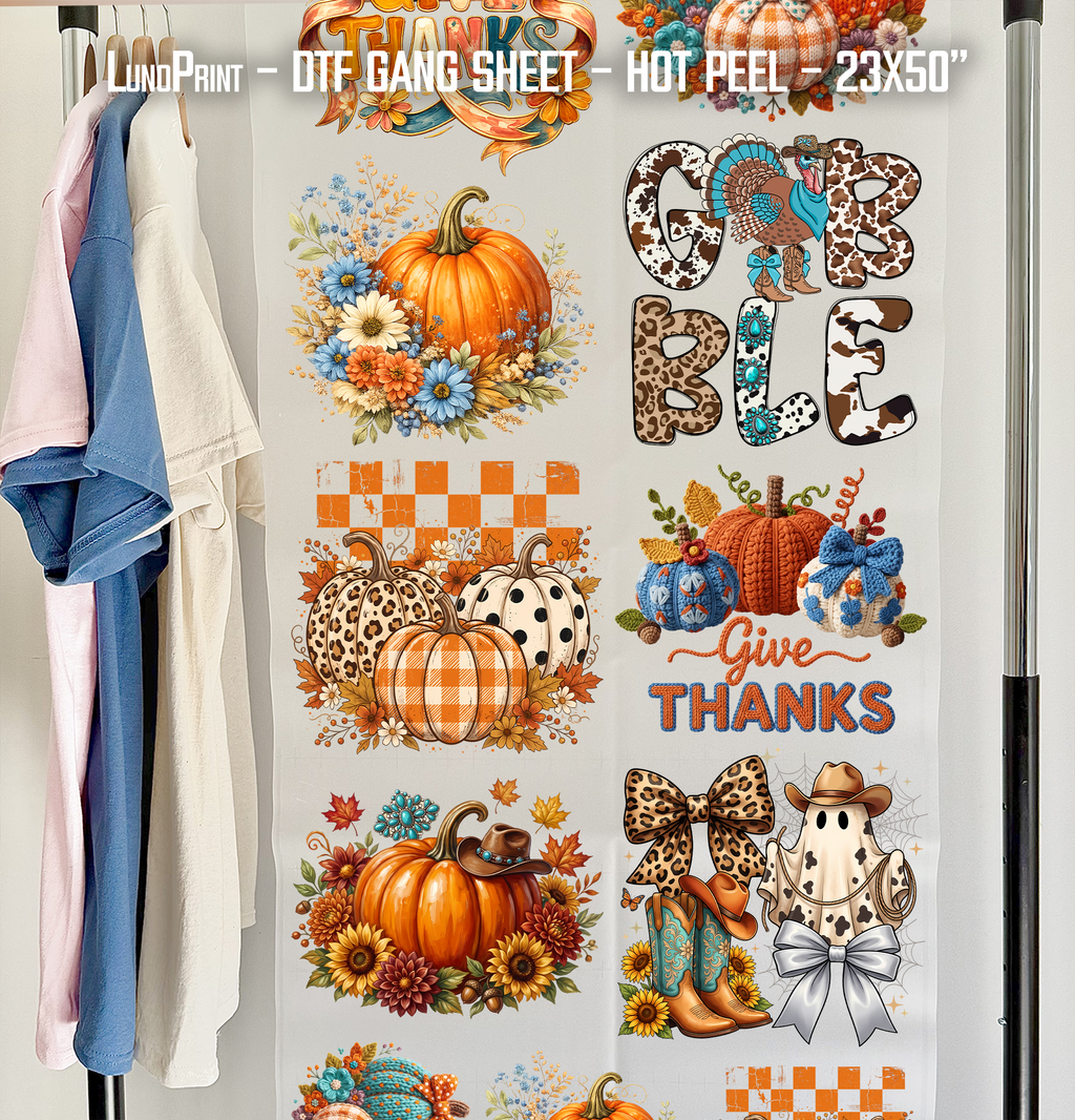 Give Thanks DTF Gang Sheet, 23x50 in. Pumpkins Ready-to-Press Heat transfers