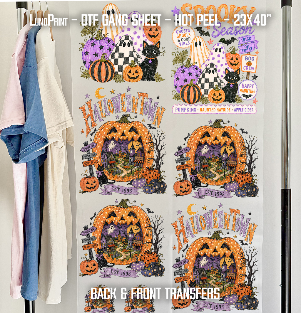 Halloween Town - Back & Front designs DTF Gang Sheet 23x40 in. Spooky Ready-to-press Heat transfers