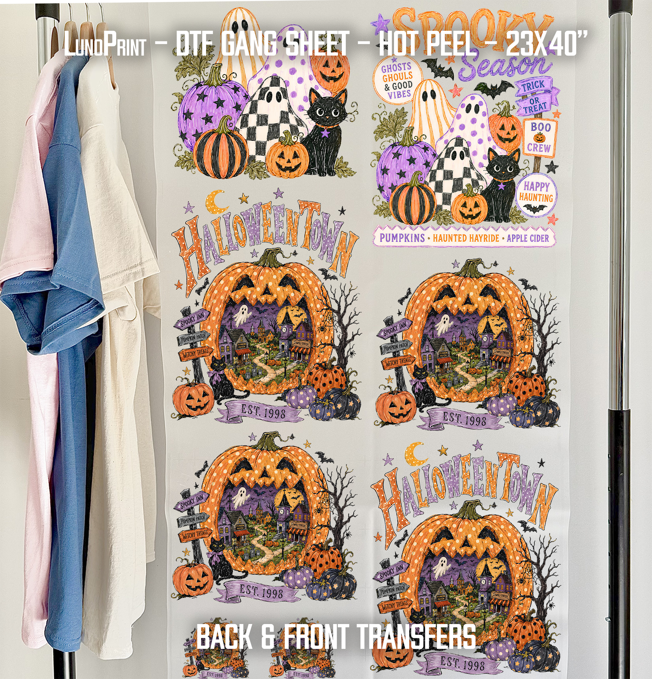 Halloween Town - Back & Front designs DTF Gang Sheet 23x40 in. Spooky Ready-to-press Heat transfers