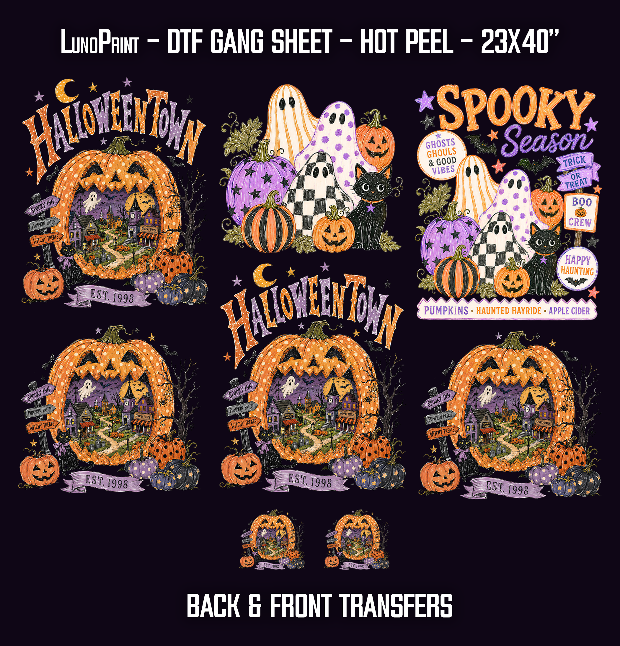 Halloween Town - Back & Front designs DTF Gang Sheet 23x40 in. Spooky Ready-to-press Heat transfers