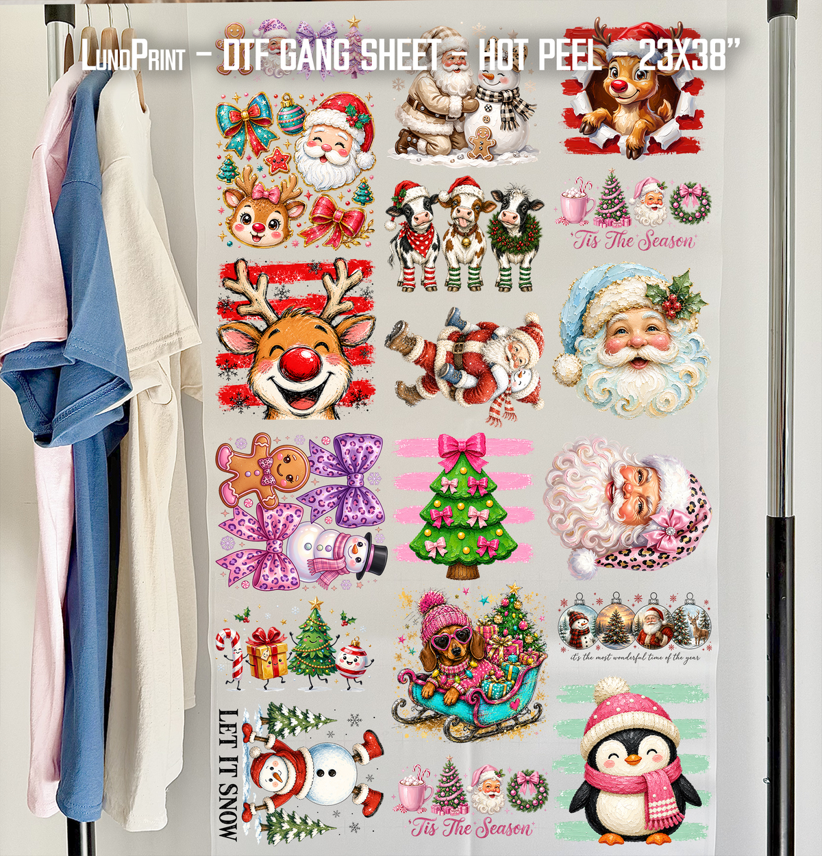 Christmas DTF Gang Sheet for Kids. 23x38.5 in. Santa Ready-to-press Heat transfers